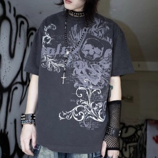 RebelSeed_Dark_Skull_Demon_Heat_Transfer_Print_Punk_Women's_Cotton_Short_Sleeve_T-shirts_921889997796_MISSTT