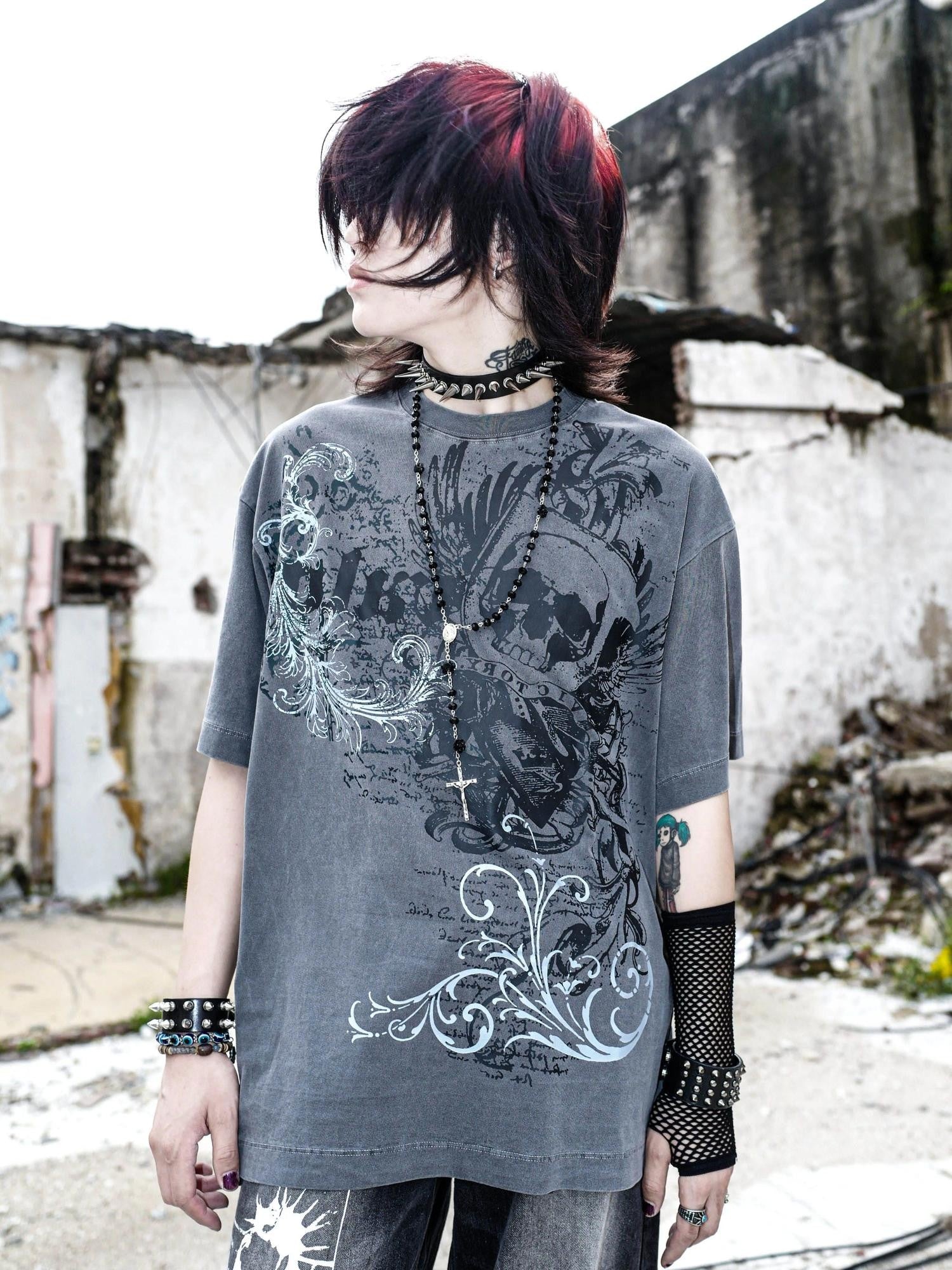 RebelSeed Dark Skull Demon Heat Transfer Print Punk Women's Cotton Short Sleeve T-shirts