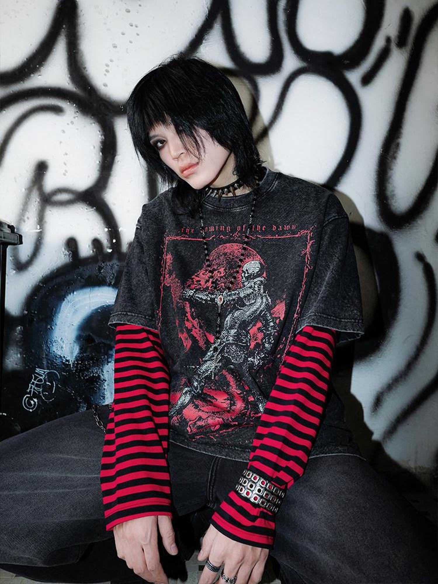 RebelSeed Dark Striped Art Heat Transfer Print Women's Cotton Long Sleeve T-shirts