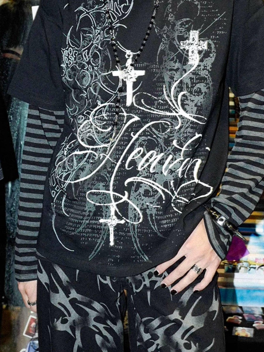 RebelSeed Dark Striped Totem Print Heat Transfer Women's Cotton Long Sleeve T-shirts