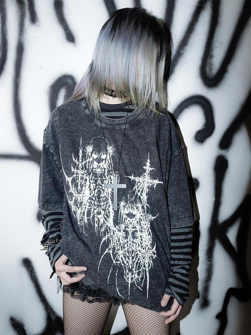 RebelSeed Dark Subculture Striped Print Heat Transfer Women's Cotton Long Sleeve T-shirts