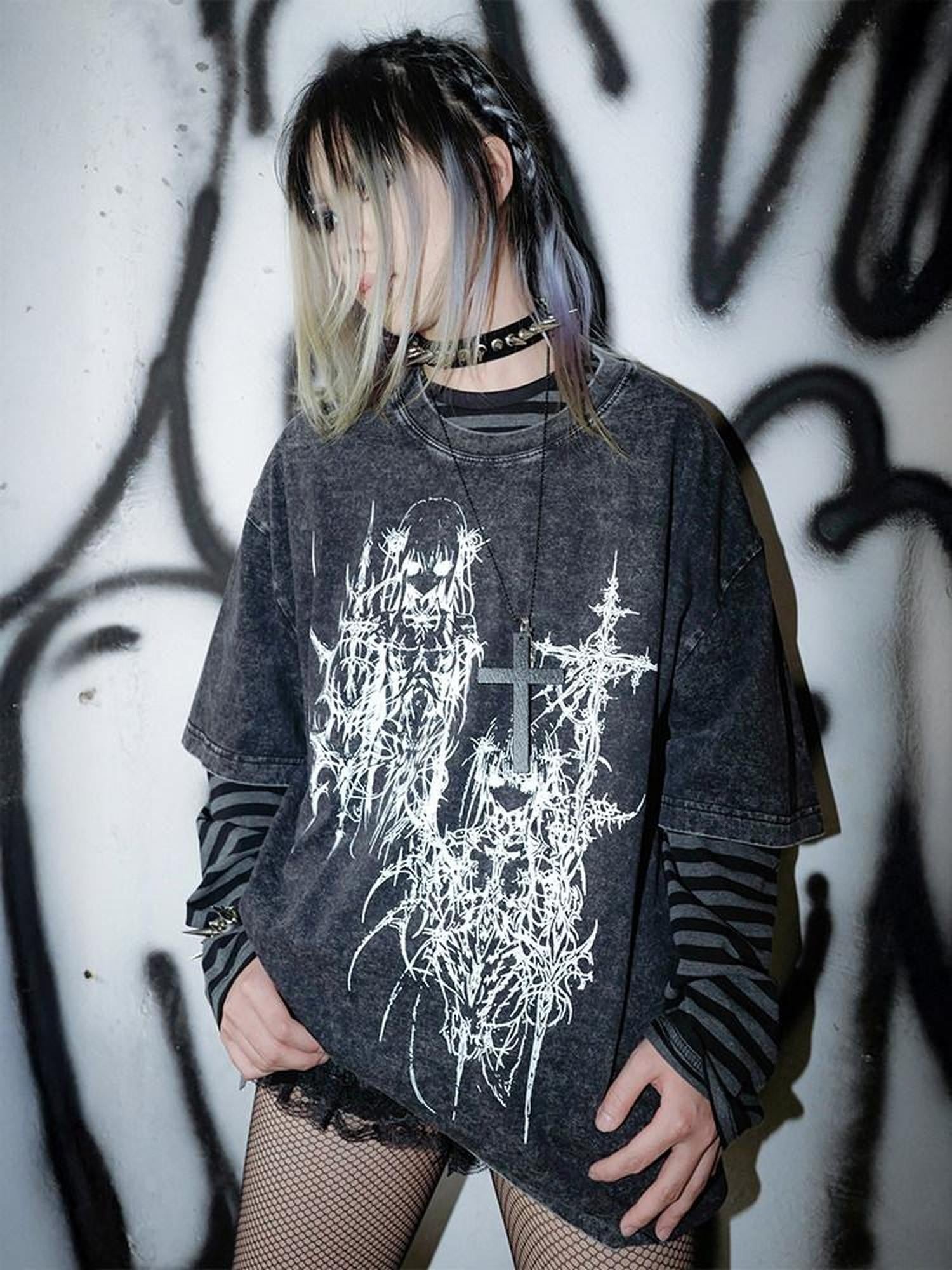RebelSeed Dark Subculture Striped Print Heat Transfer Women's Cotton Long Sleeve T-shirts