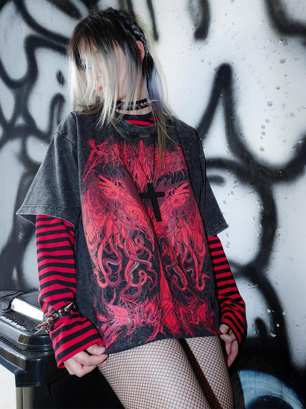 RebelSeed Dark Subculture Striped Print Women's Cotton Long Sleeve T Shirts