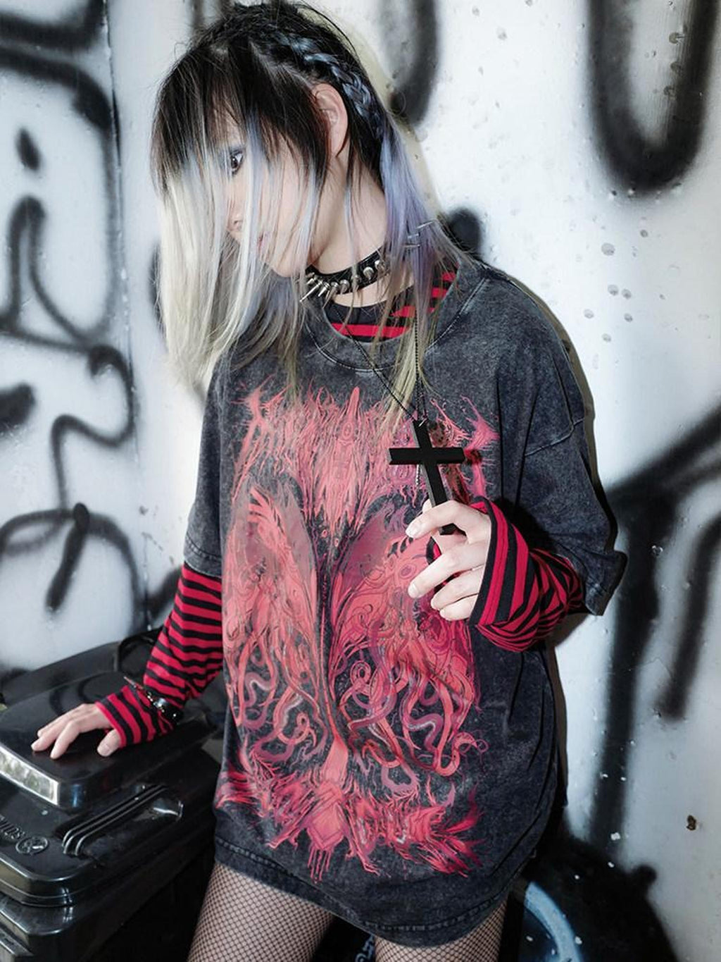RebelSeed Dark Subculture Striped Print Women's Cotton Long Sleeve T Shirts