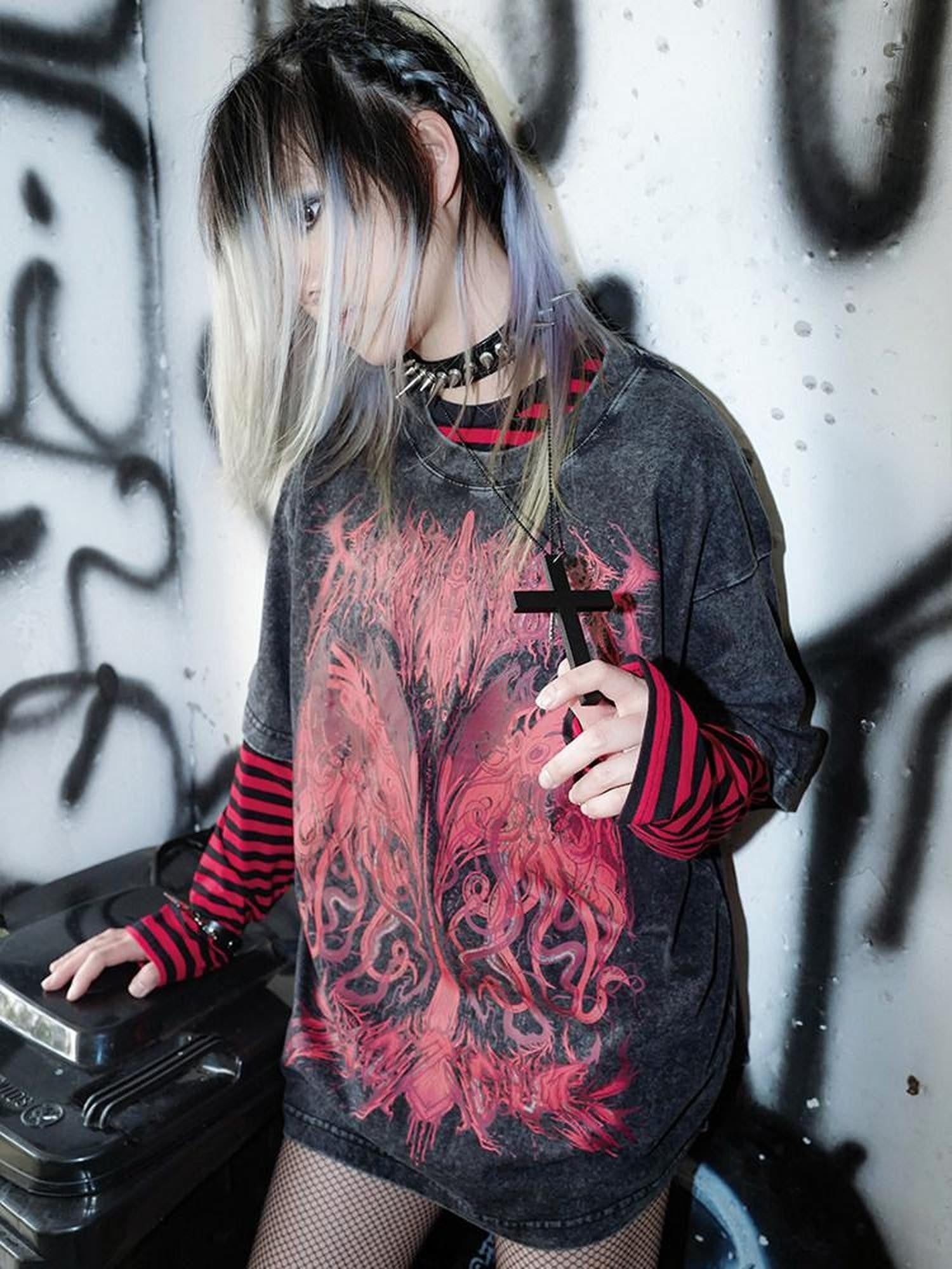 RebelSeed Dark Subculture Striped Print Women's Cotton Long Sleeve T Shirts