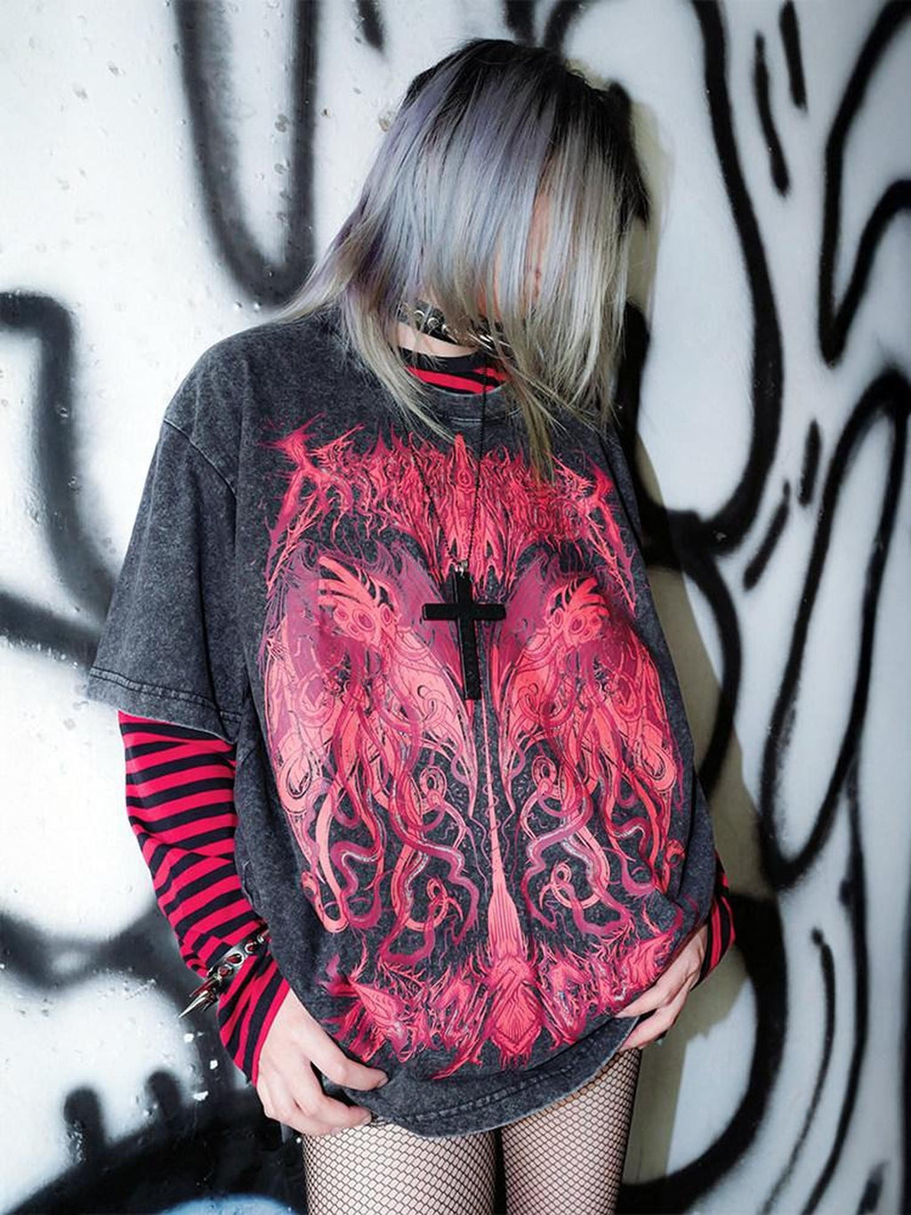 RebelSeed Dark Subculture Striped Print Women's Cotton Long Sleeve T Shirts