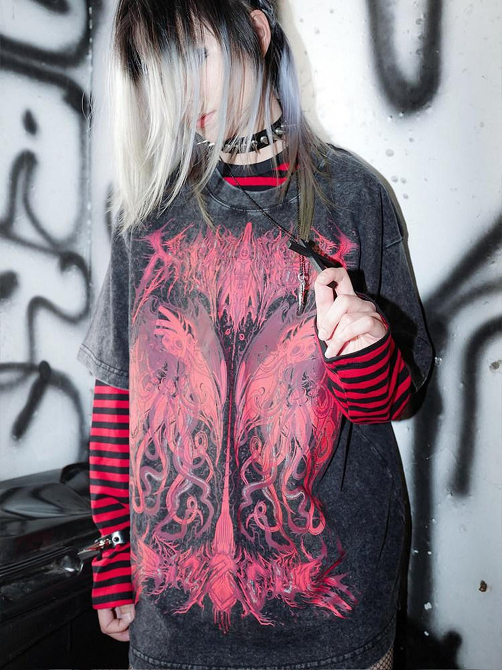 RebelSeed Dark Subculture Striped Print Women's Cotton Long Sleeve T Shirts