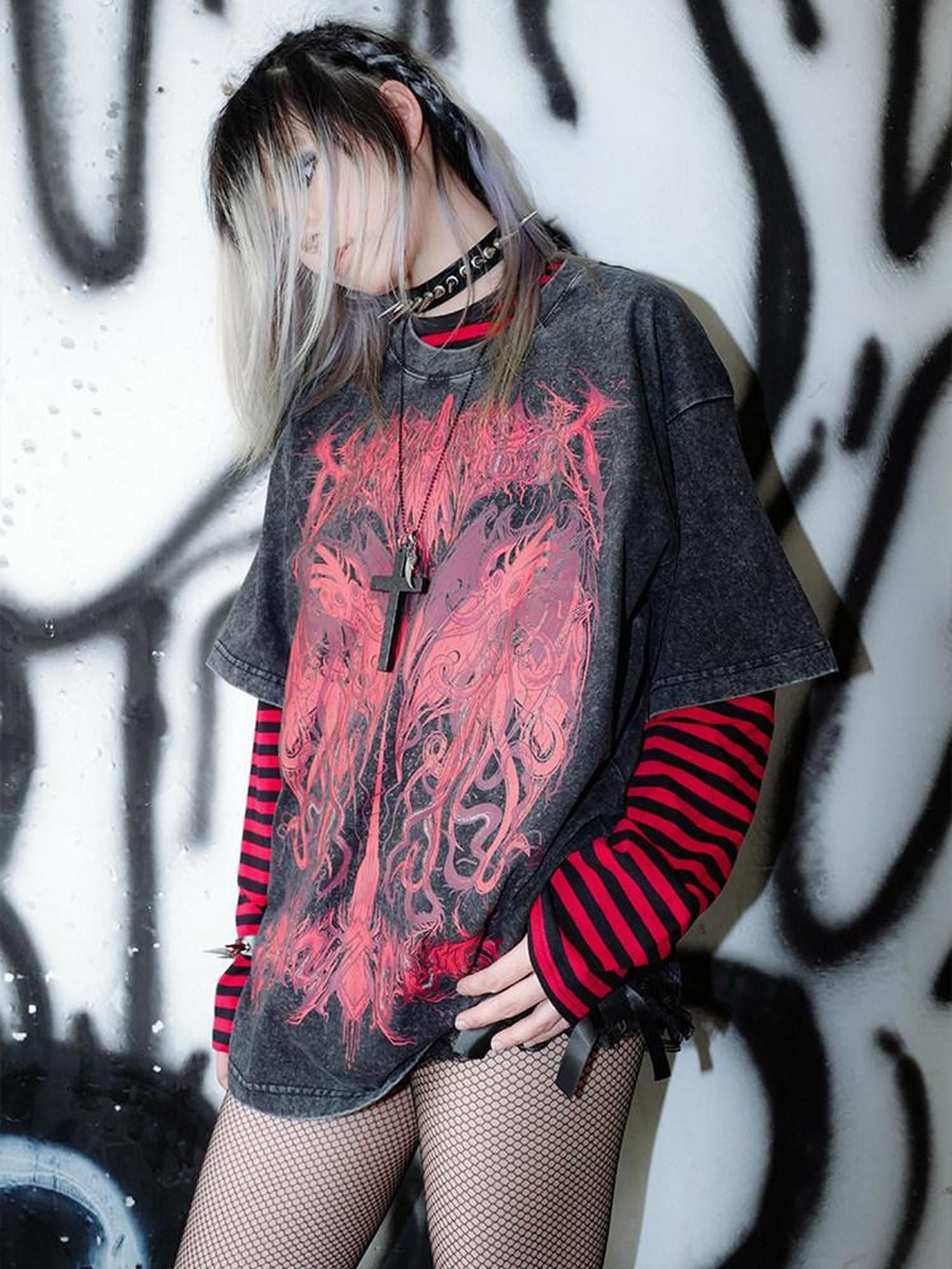 RebelSeed Dark Subculture Striped Print Women's Cotton Long Sleeve T Shirts