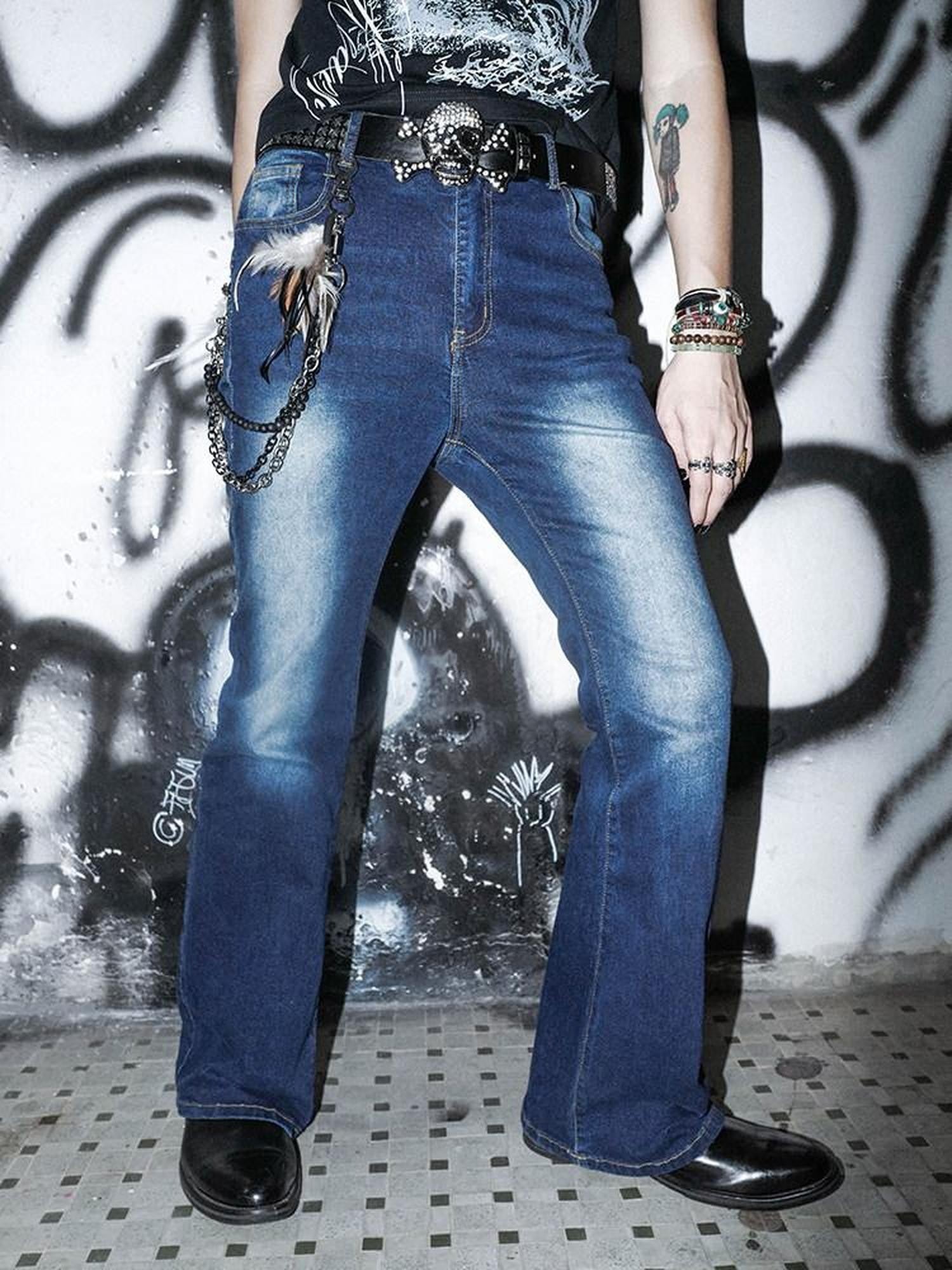 RebelSeed Deep Blue Mark Washed Rock Flared Hem Women's Cotton Skinny Jeans