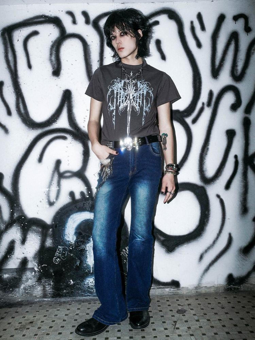 RebelSeed Deep Blue Mark Washed Rock Flared Hem Women's Cotton Skinny Jeans