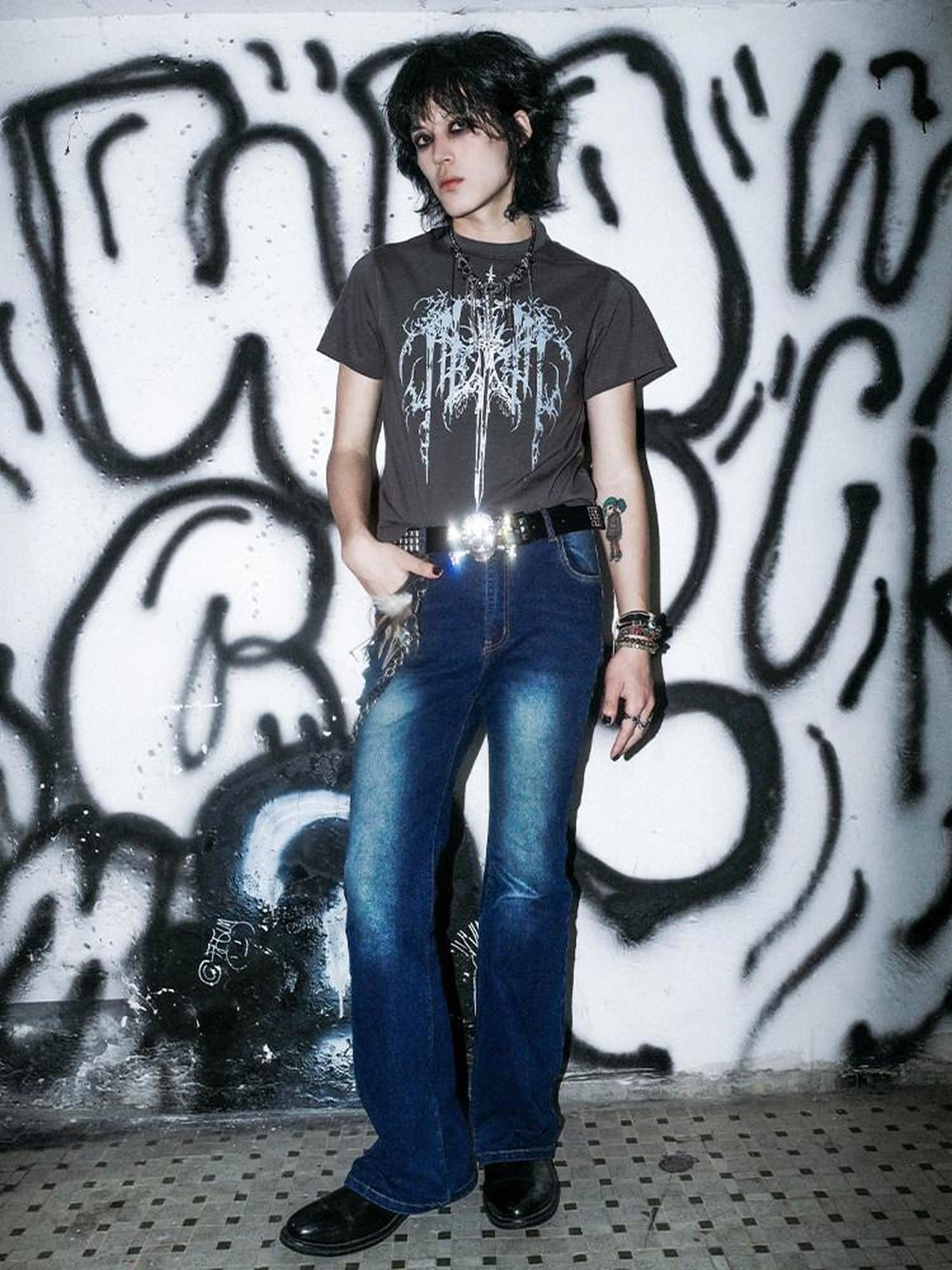 RebelSeed Deep Blue Mark Washed Rock Flared Hem Women's Cotton Skinny Jeans