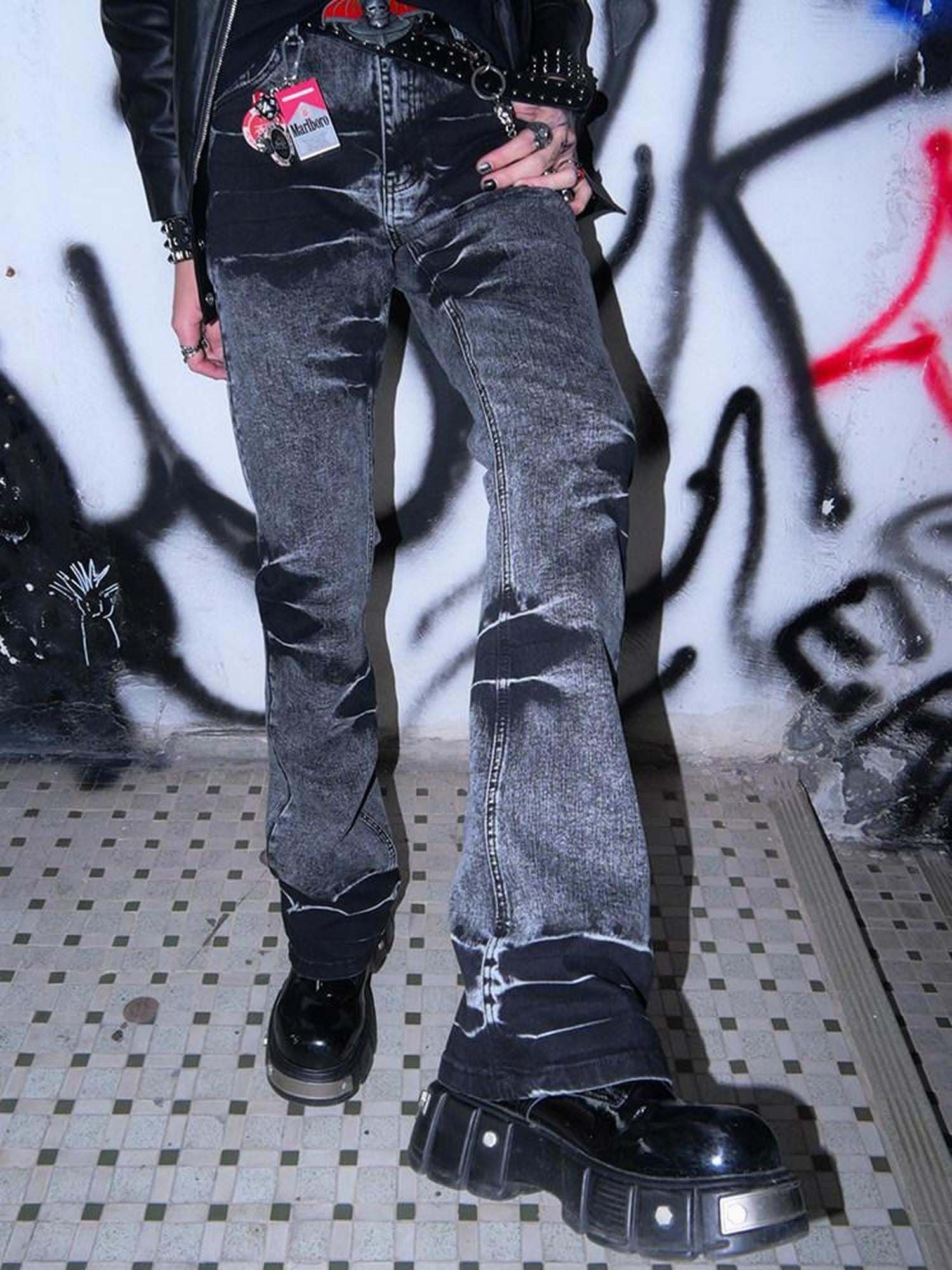 RebelSeed Deep Gray Distressed Snowwash Contrast Topstitch Women's Denim Flare Jeans