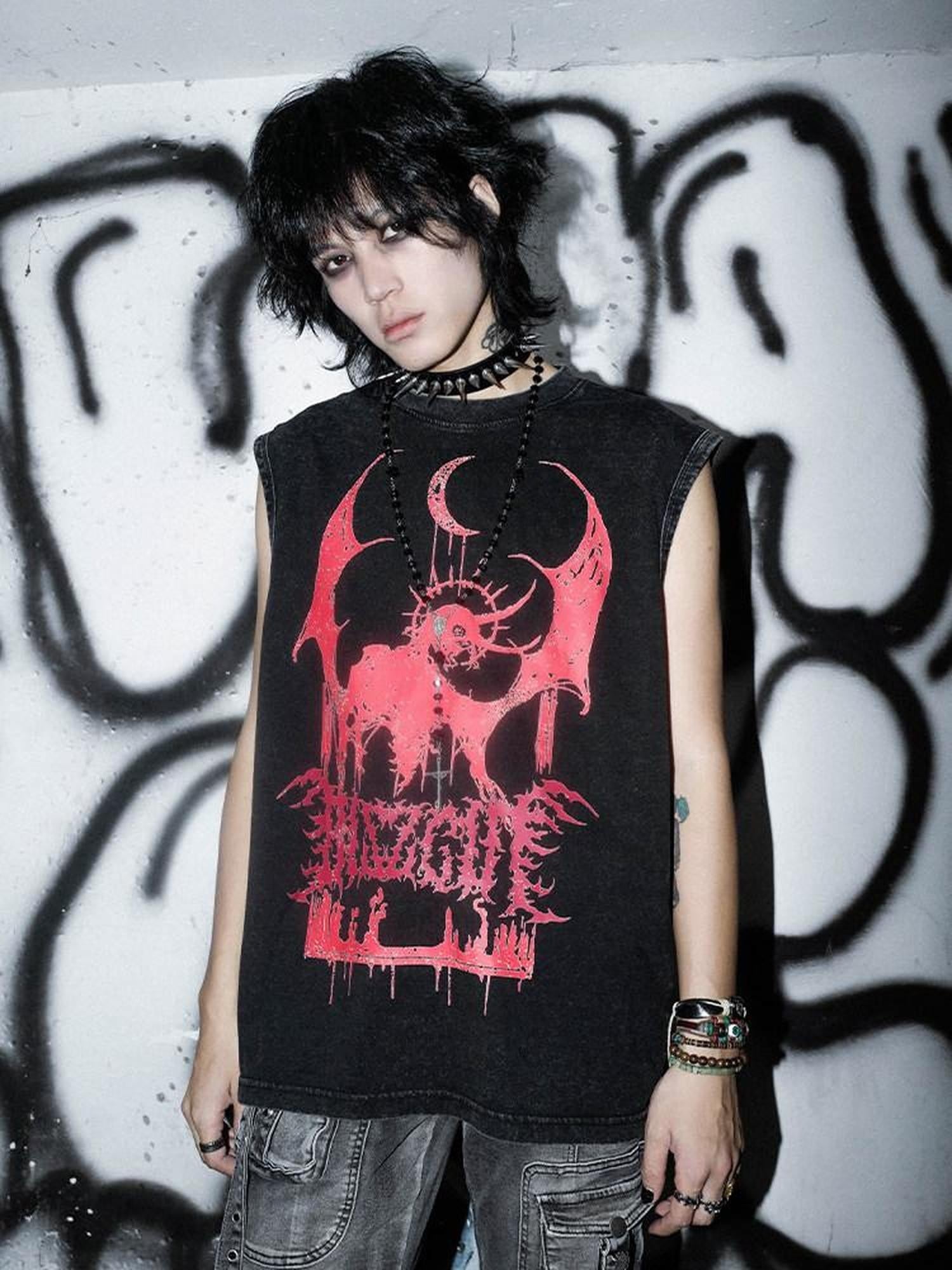 RebelSeed Demon Print Washed Gothic Women's 100 Percent Cotton Tank Tops
