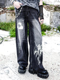 RebelSeed Distressed Black Punk Baggy Flared Washed Women's Denim Wide-leg Jeans