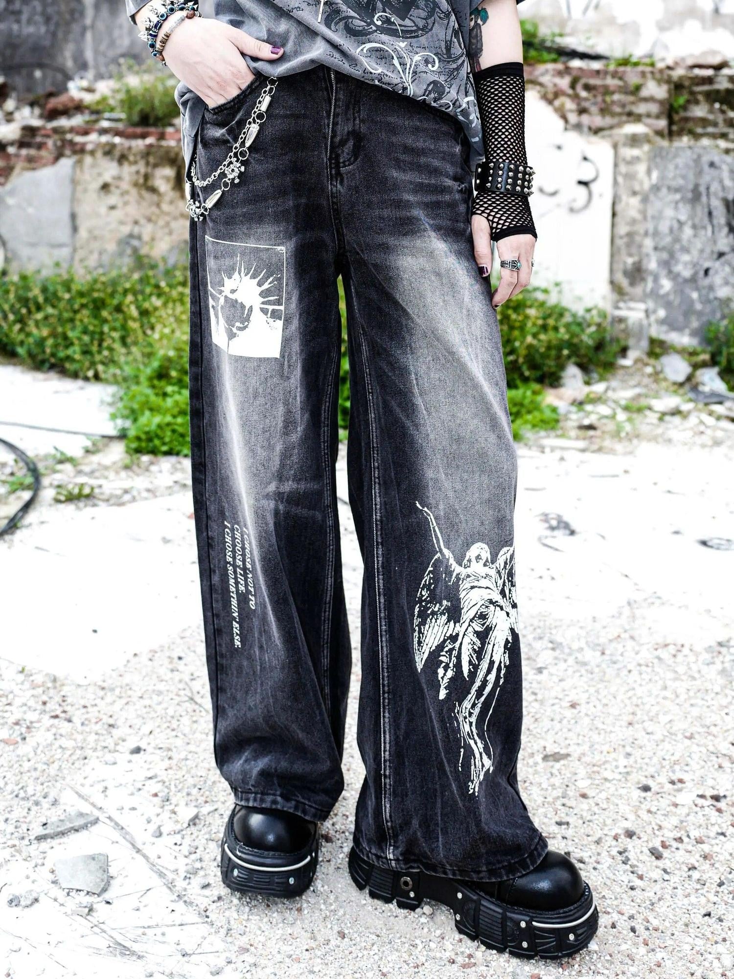RebelSeed Distressed Black Punk Baggy Flared Washed Women's Denim Wide-leg Jeans