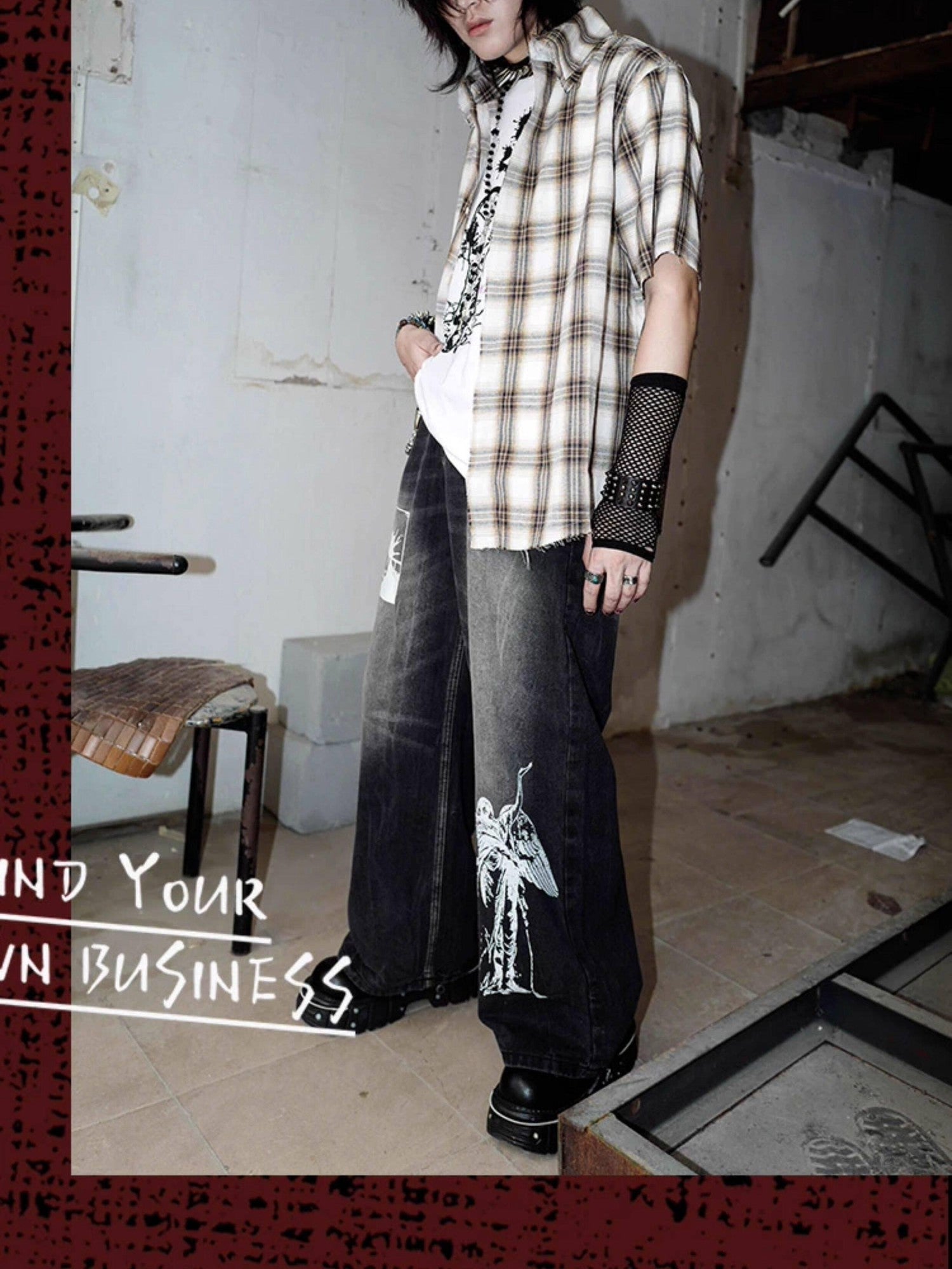 RebelSeed Distressed Black Punk Baggy Flared Washed Women's Denim Wide-leg Jeans