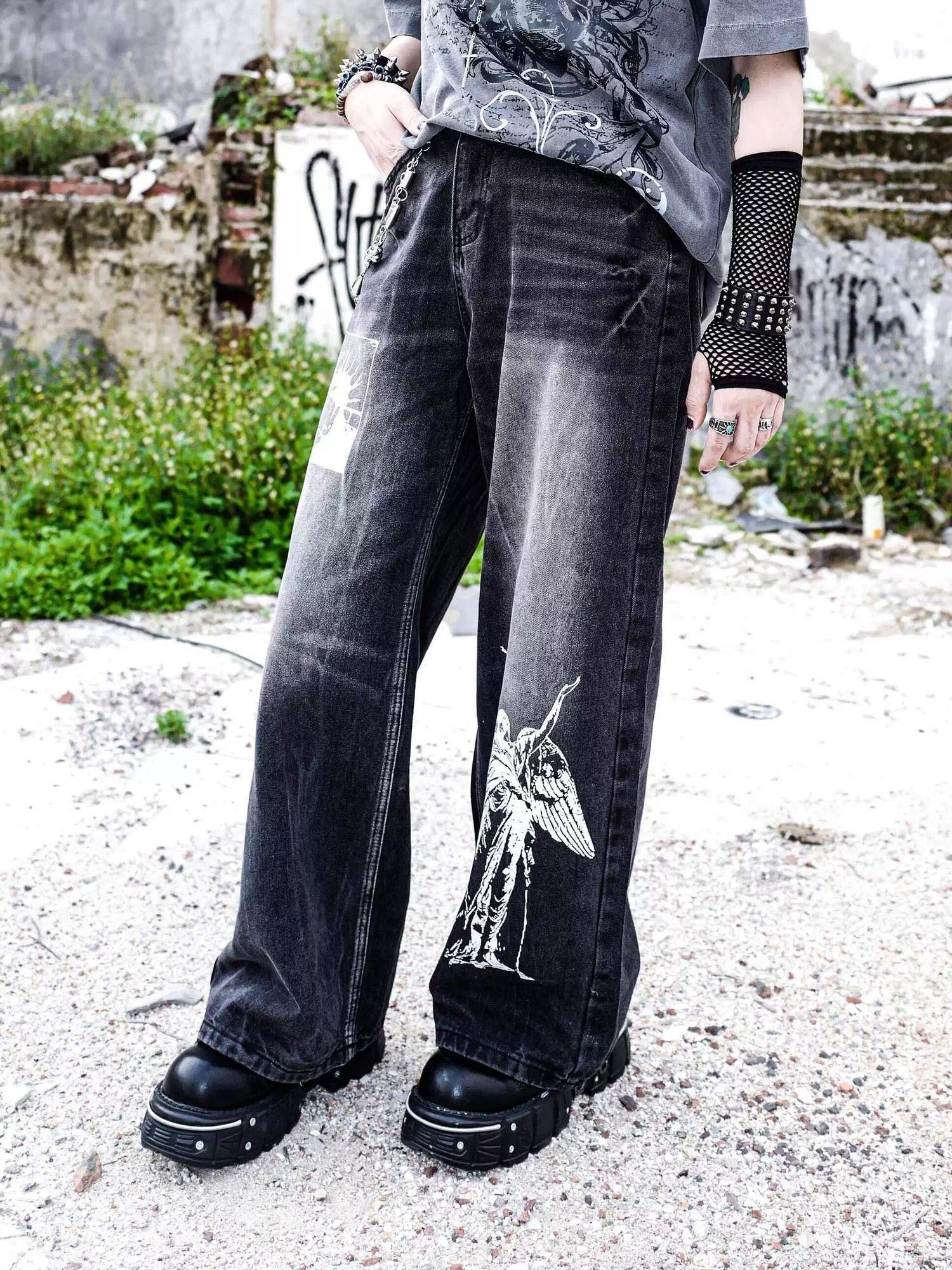 RebelSeed Distressed Black Punk Baggy Flared Washed Women's Denim Wide-leg Jeans