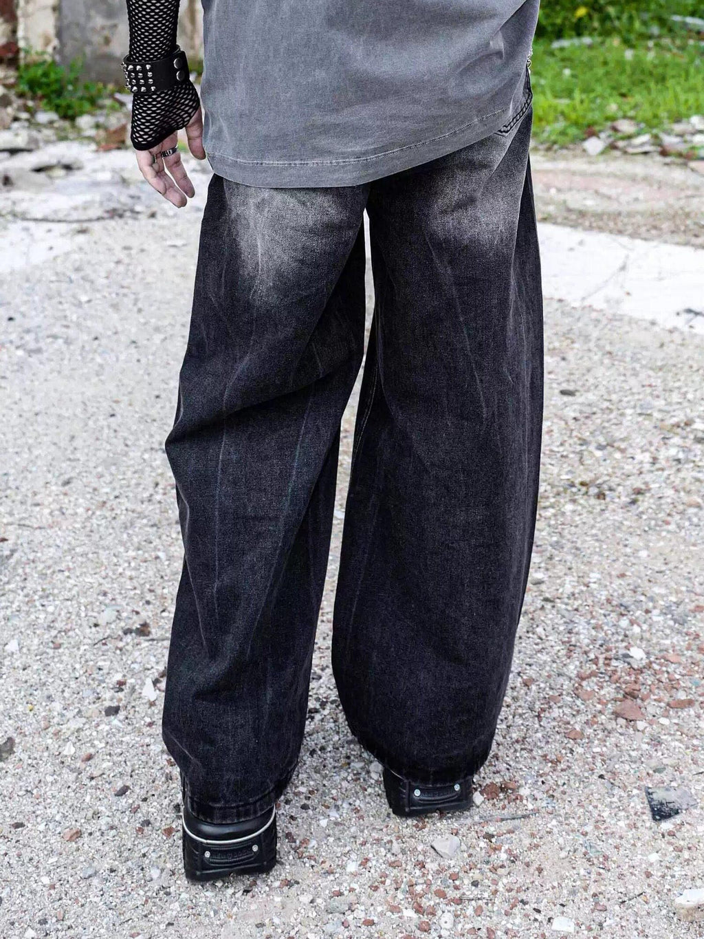 RebelSeed Distressed Black Punk Baggy Flared Washed Women's Denim Wide-leg Jeans