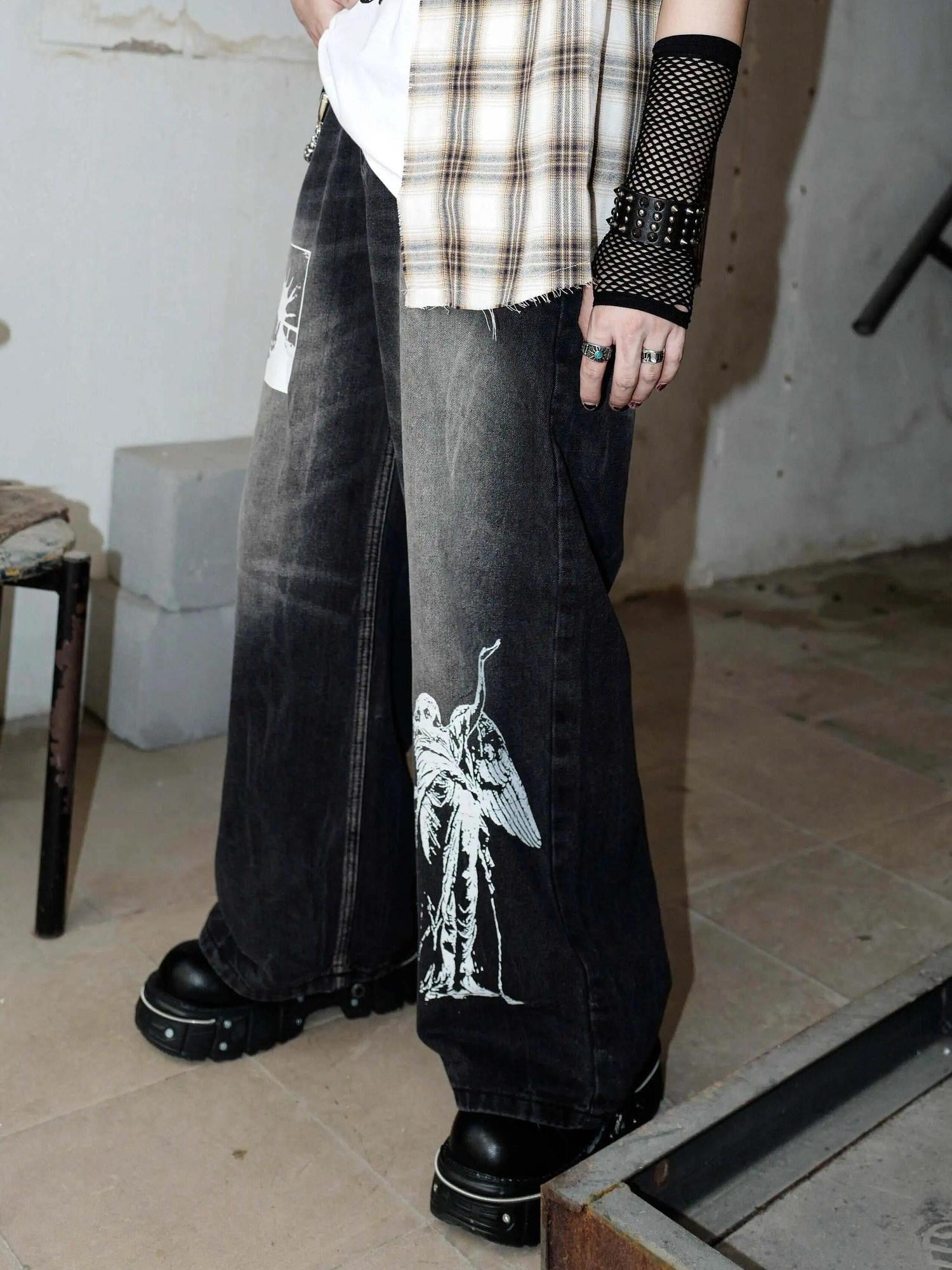 RebelSeed Distressed Black Punk Baggy Flared Washed Women's Denim Wide-leg Jeans