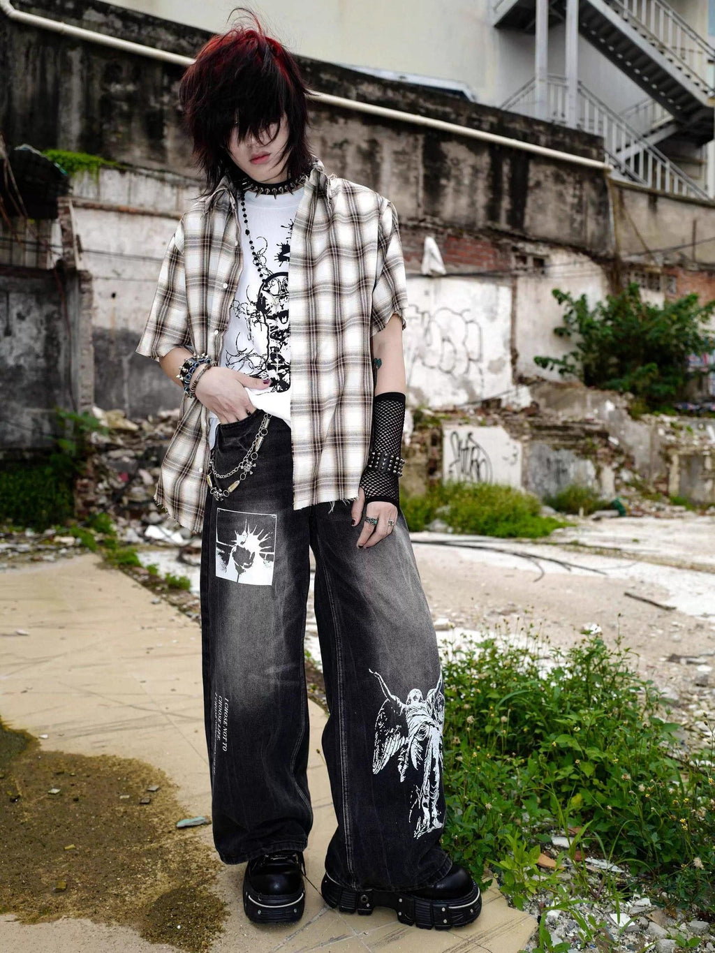 RebelSeed Distressed Black Punk Baggy Flared Washed Women's Denim Wide-leg Jeans