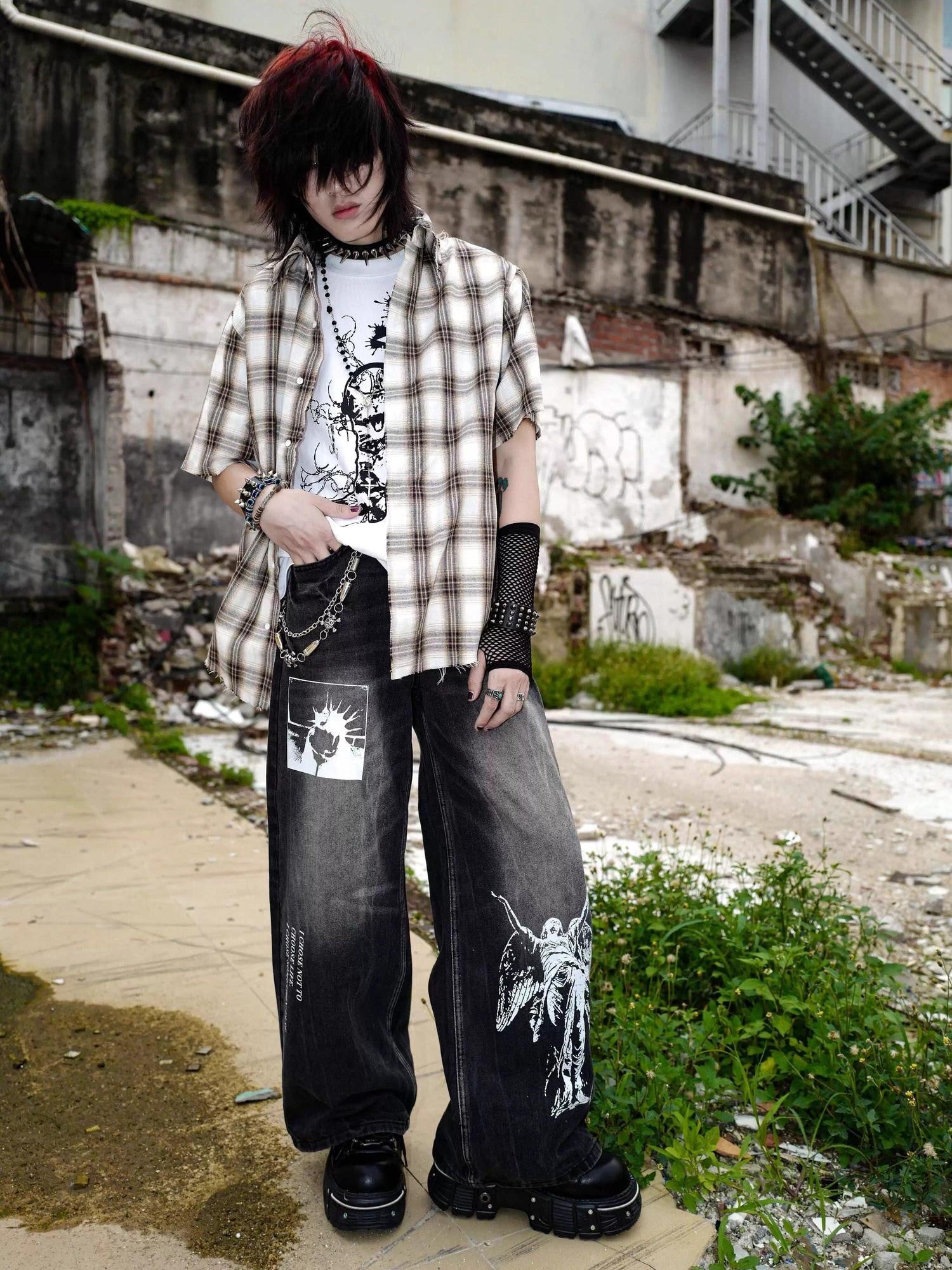 RebelSeed Distressed Black Punk Baggy Flared Washed Women's Denim Wide-leg Jeans