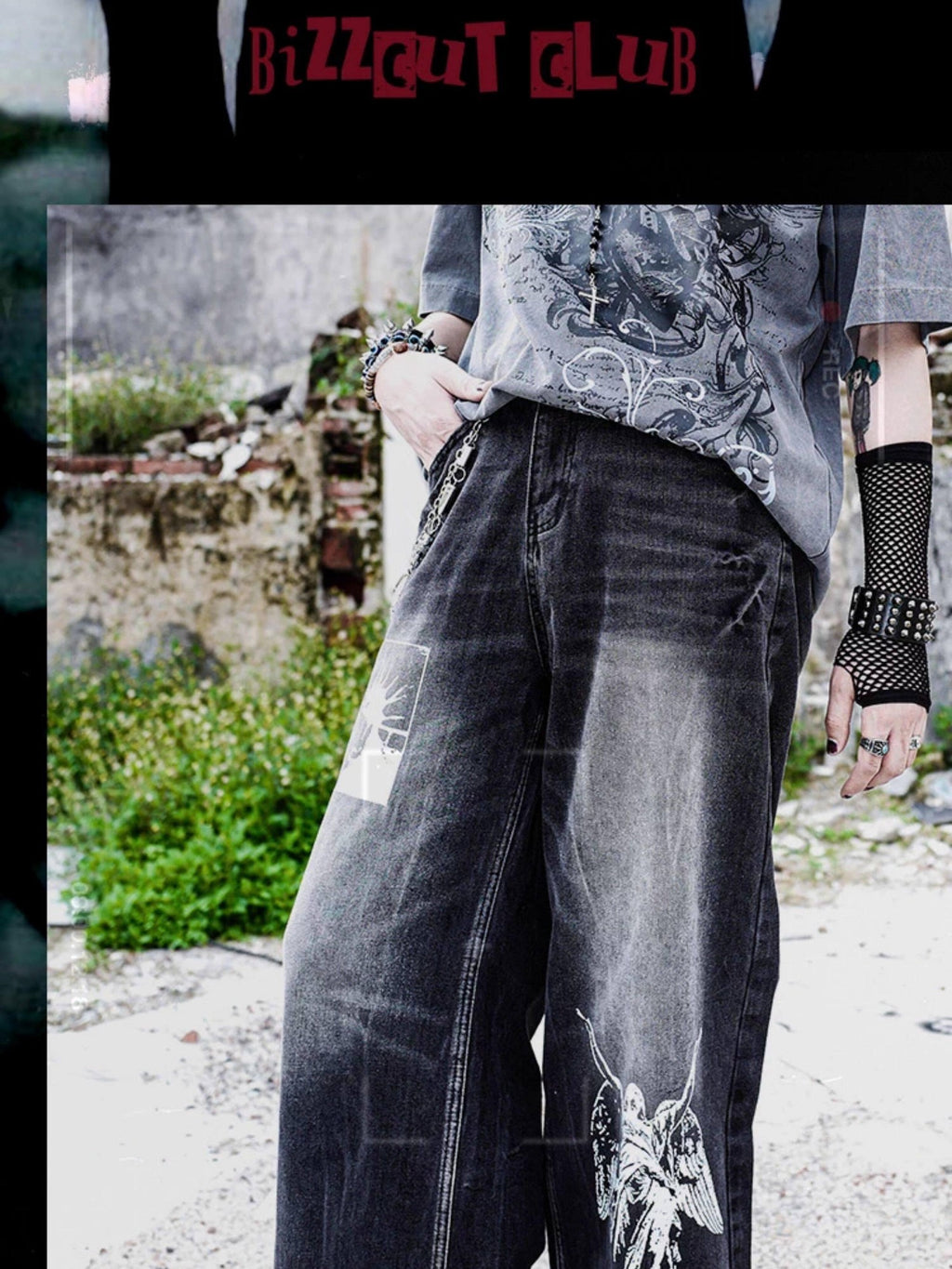 RebelSeed Distressed Black Punk Baggy Flared Washed Women's Denim Wide-leg Jeans