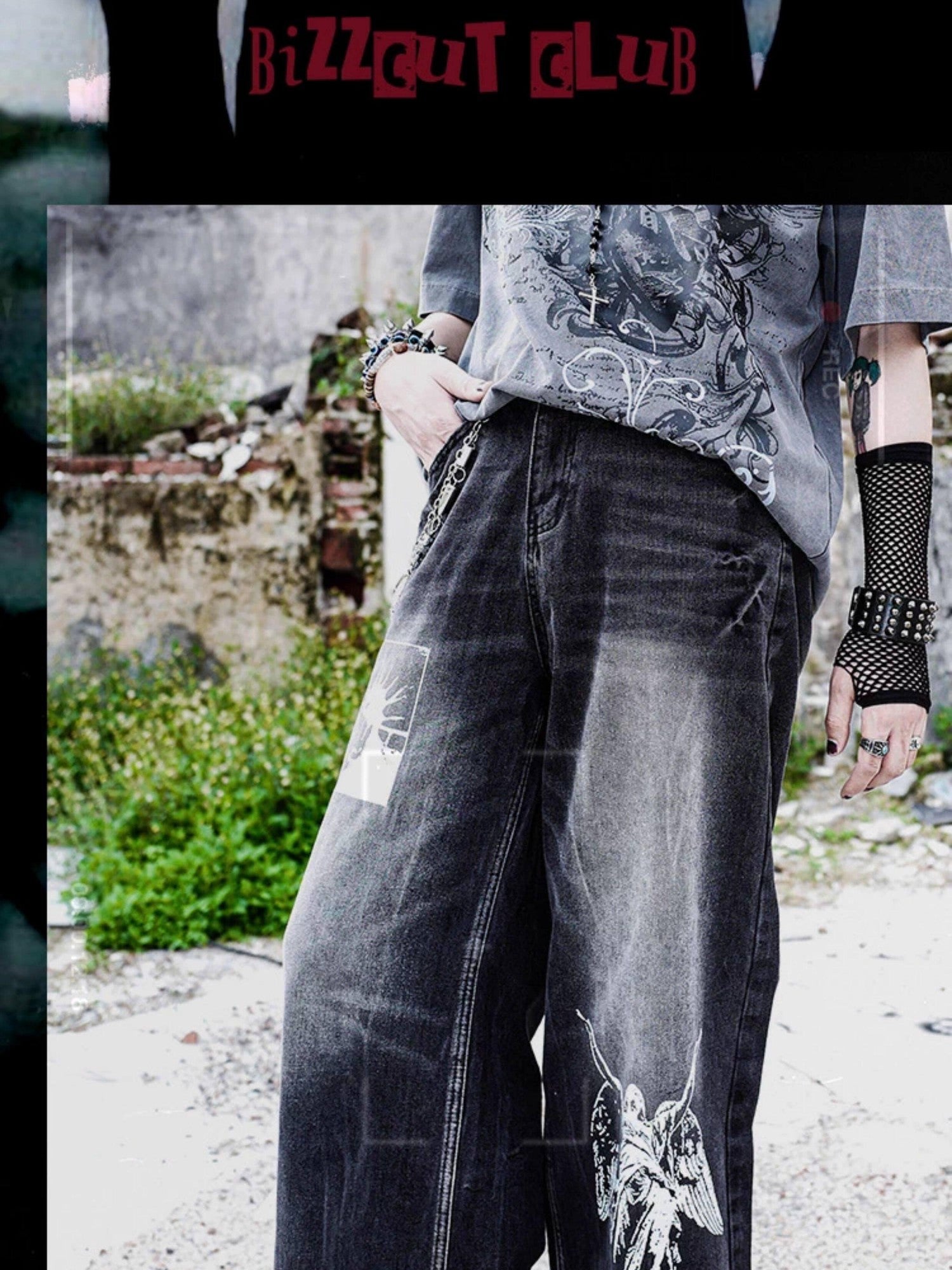 RebelSeed Distressed Black Punk Baggy Flared Washed Women's Denim Wide-leg Jeans
