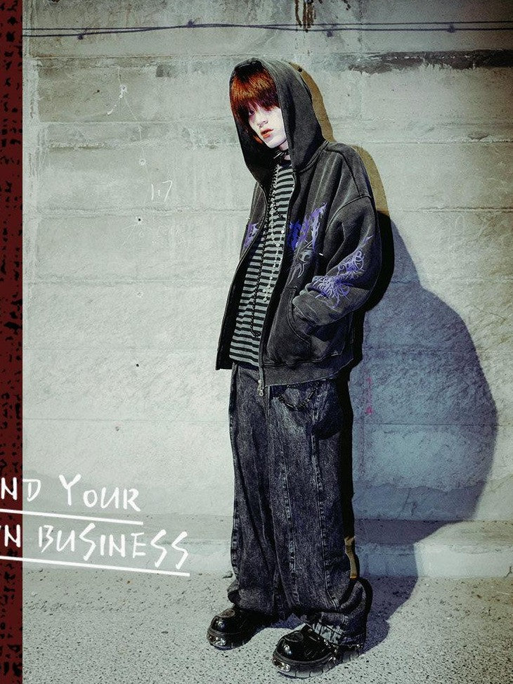 RebelSeed Distressed Black Totem Studded Rock Women's Fleece Lined Zip-up Hoodies