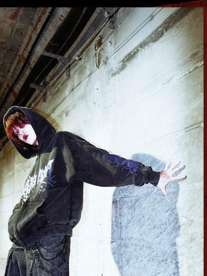 RebelSeed Distressed Black Totem Studded Rock Women's Fleece Lined Zip-up Hoodies