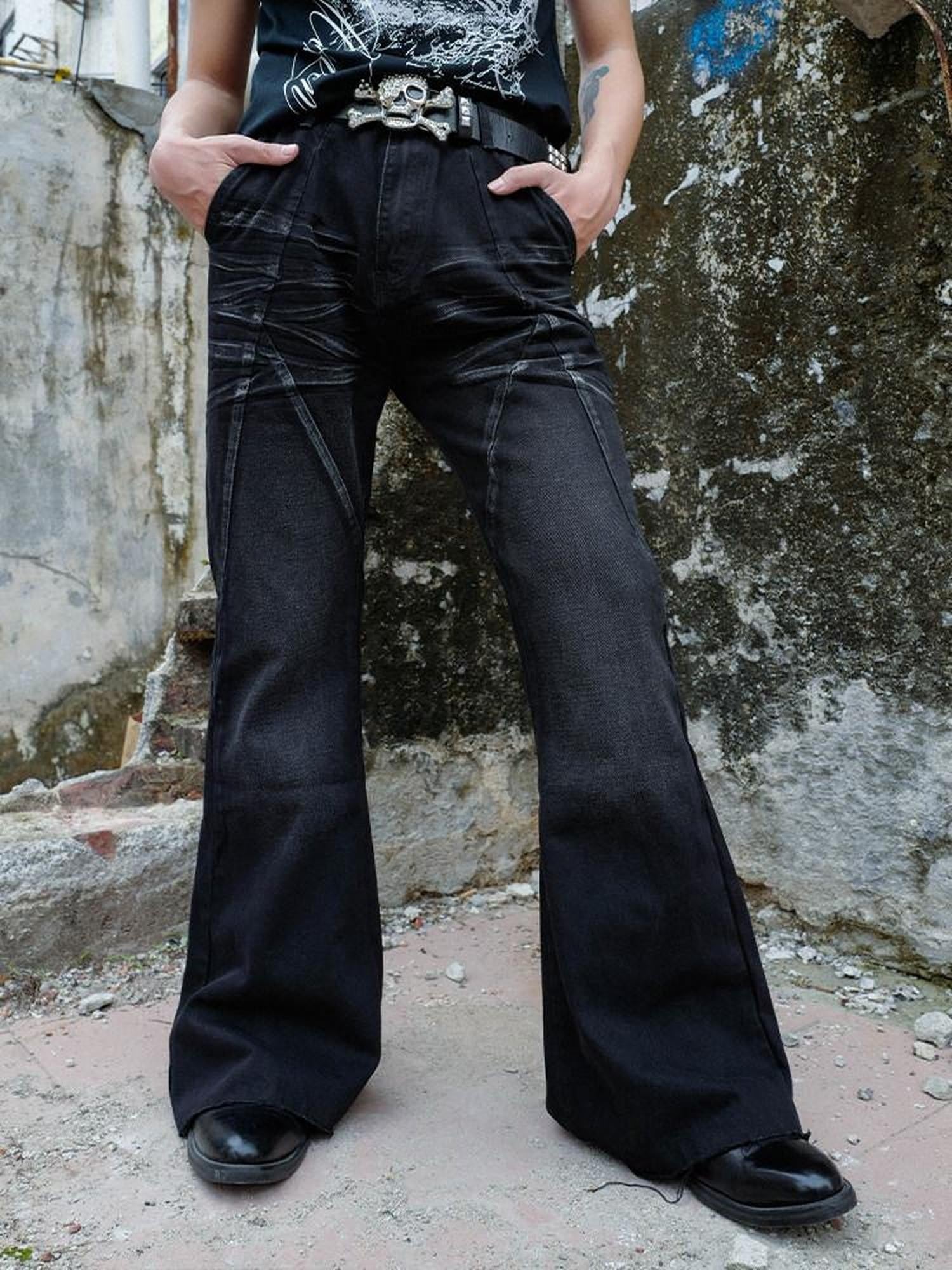 RebelSeed Distressed Black Washed Embroidered Topstitch Women's Denim Bootcut Jeans