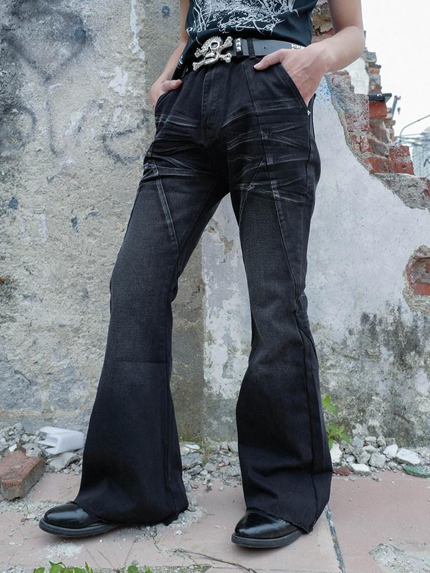 RebelSeed Distressed Black Washed Embroidered Topstitch Women's Denim Bootcut Jeans