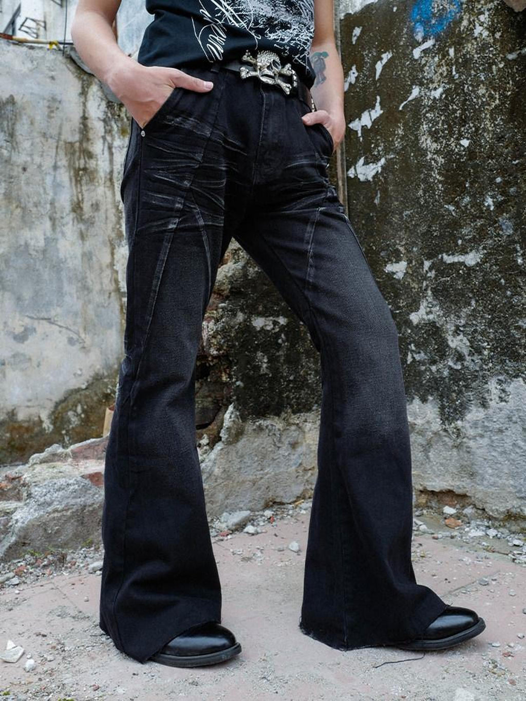 RebelSeed Distressed Black Washed Embroidered Topstitch Women's Denim Bootcut Jeans