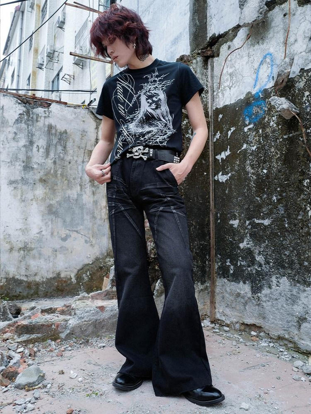RebelSeed Distressed Black Washed Embroidered Topstitch Women's Denim Bootcut Jeans