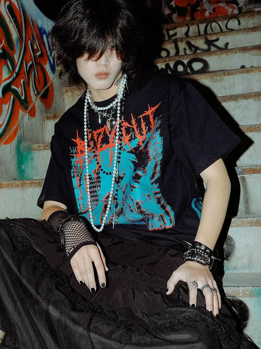 RebelSeed Distressed Cartoon Punk Dropped Shoulder Women's Cotton Short Sleeve T-shirts