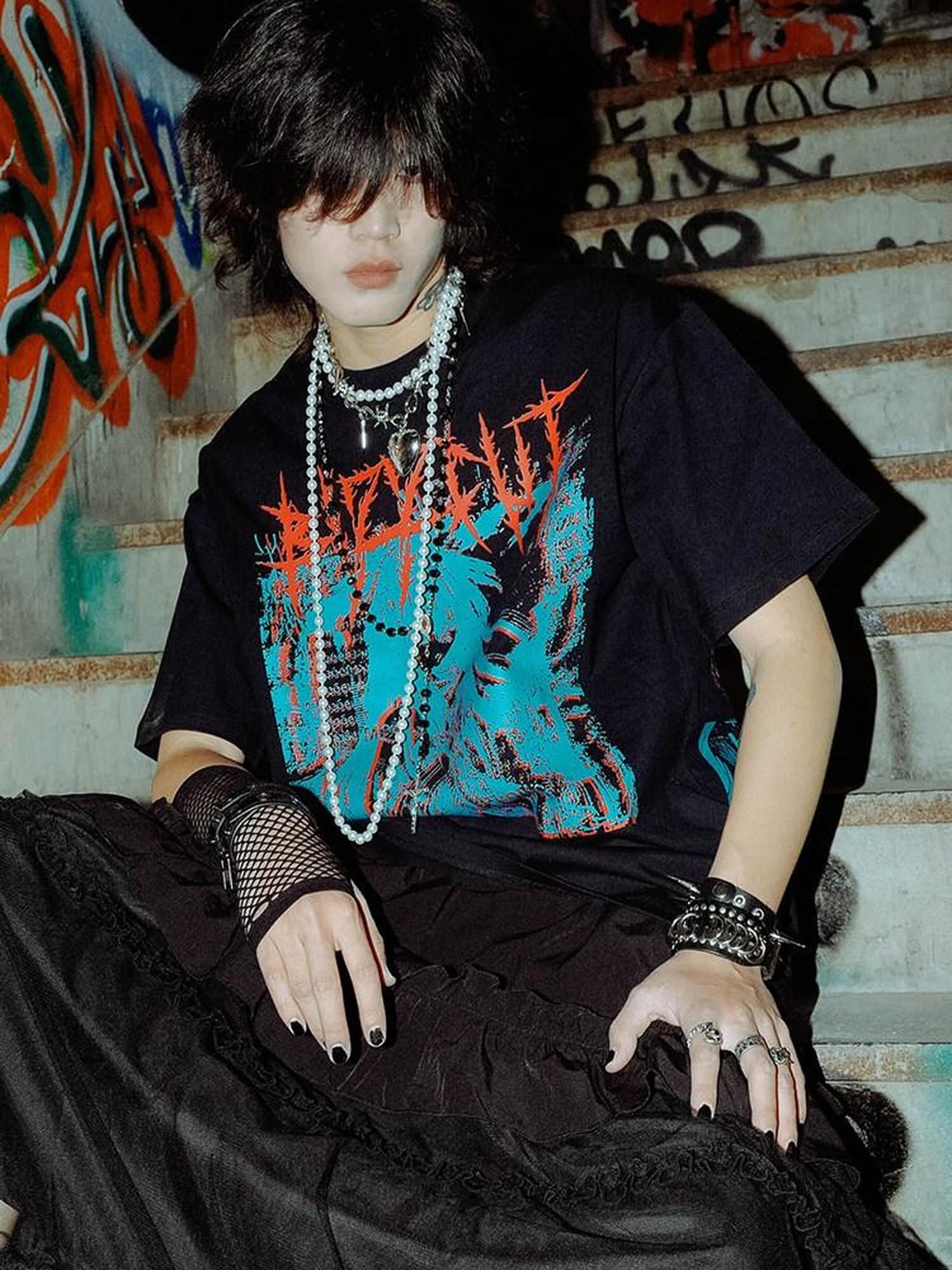 RebelSeed Distressed Cartoon Punk Dropped Shoulder Women's Cotton Short Sleeve T-shirts