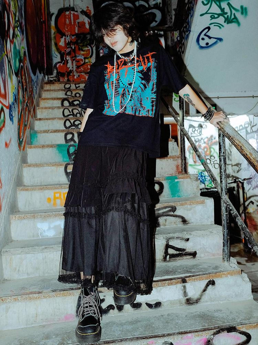 RebelSeed Distressed Cartoon Punk Dropped Shoulder Women's Cotton Short Sleeve T-shirts