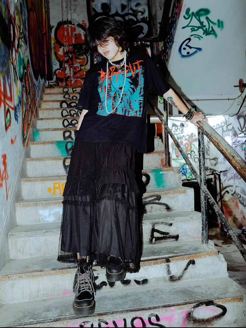 RebelSeed Distressed Cartoon Punk Dropped Shoulder Women's Cotton Short Sleeve T-shirts