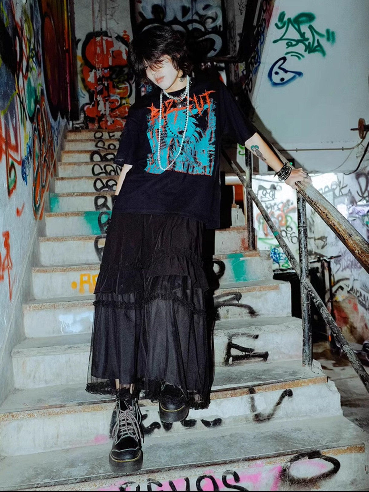 RebelSeed Distressed Cartoon Punk Dropped Shoulder Women's Cotton Short Sleeve T-shirts