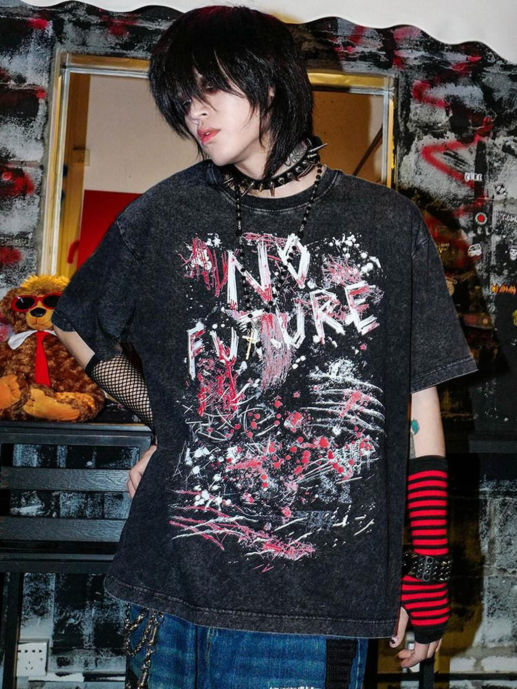 RebelSeed Distressed Graffiti Heat Transfer Punk Women's Cotton Short Sleeve T-shirts