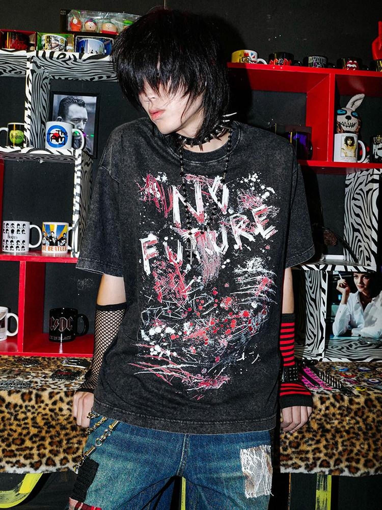 RebelSeed Distressed Graffiti Heat Transfer Punk Women's Cotton Short Sleeve T-shirts