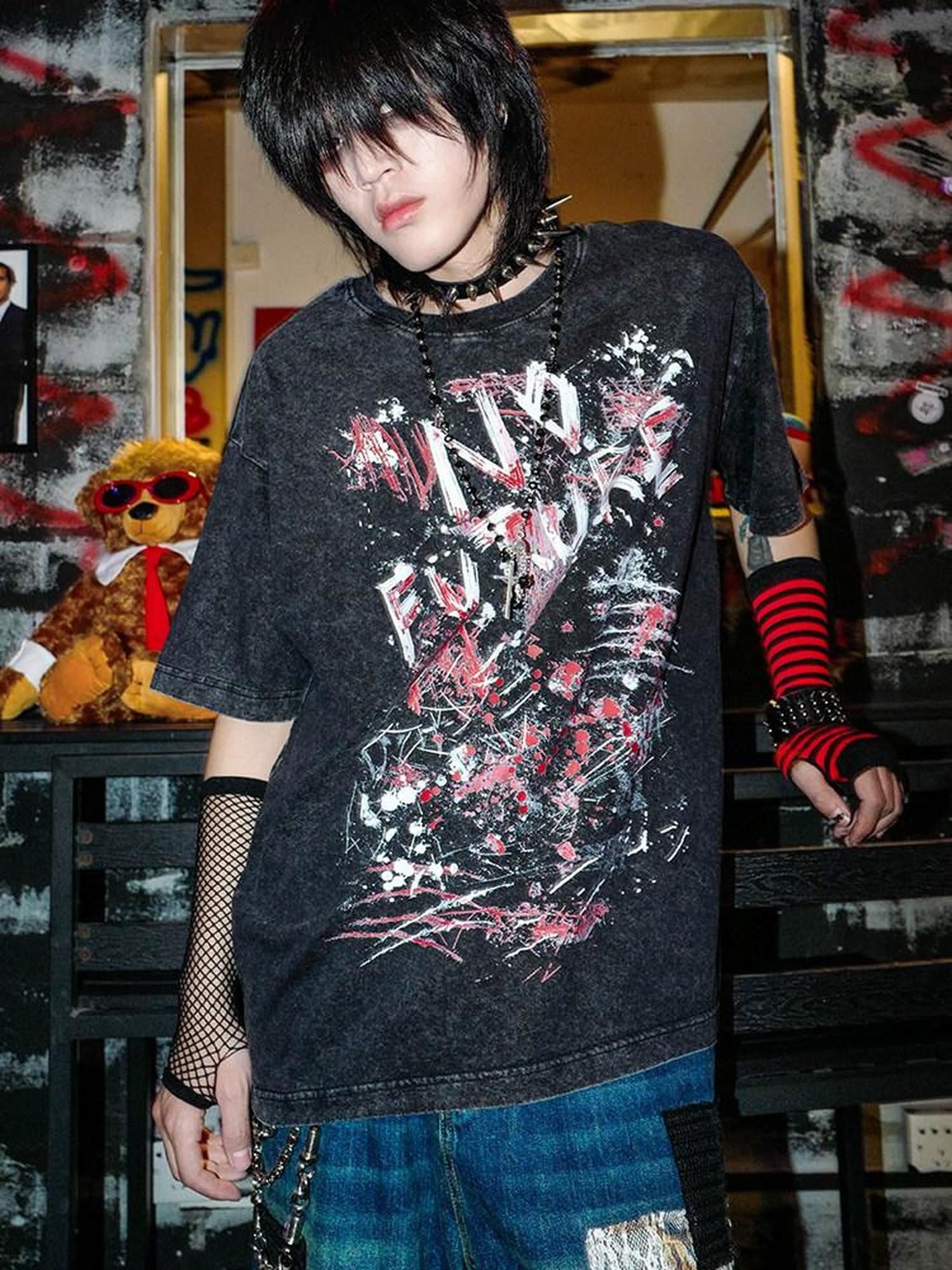 RebelSeed Distressed Graffiti Heat Transfer Punk Women's Cotton Short Sleeve T-shirts