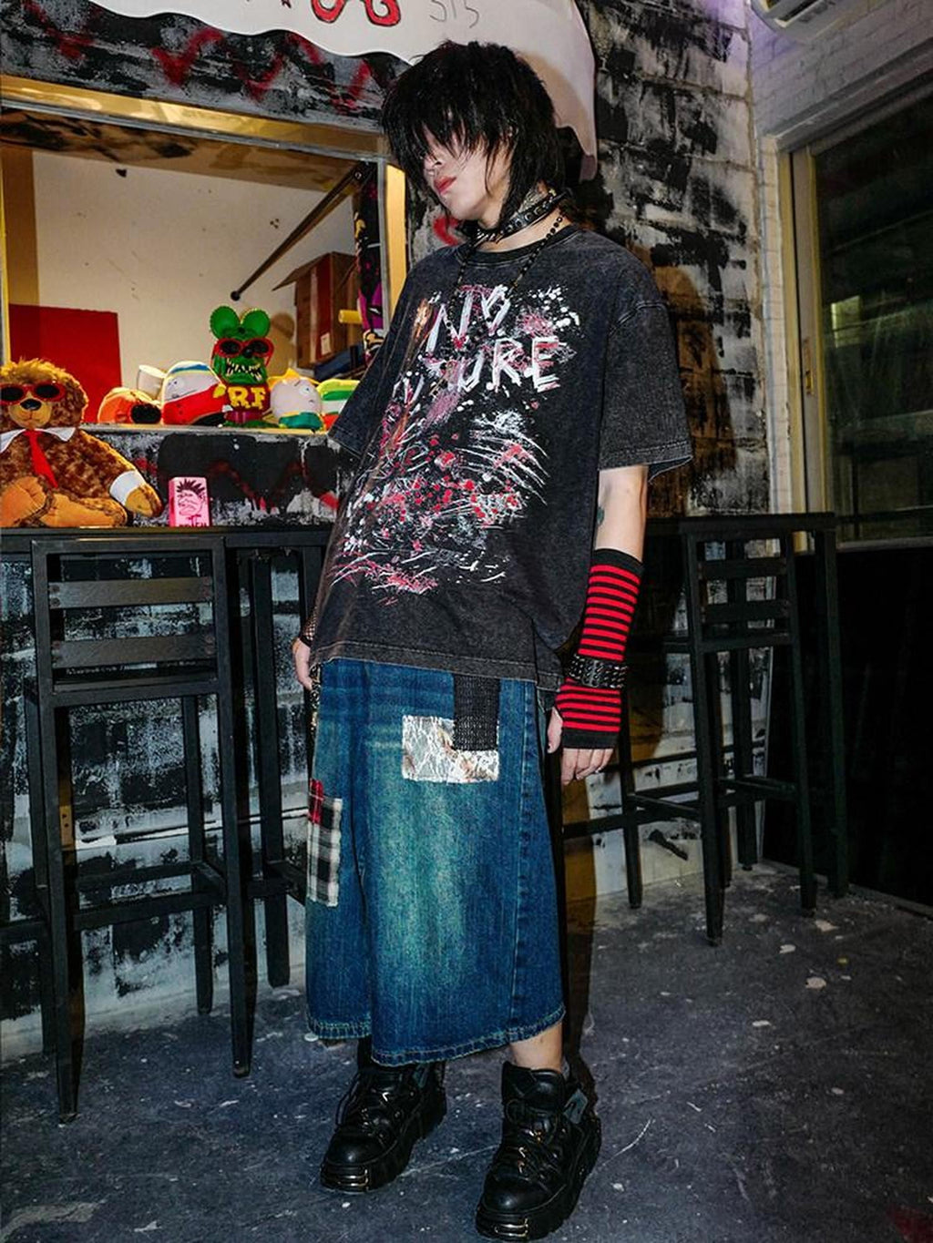 RebelSeed Distressed Graffiti Heat Transfer Punk Women's Cotton Short Sleeve T-shirts