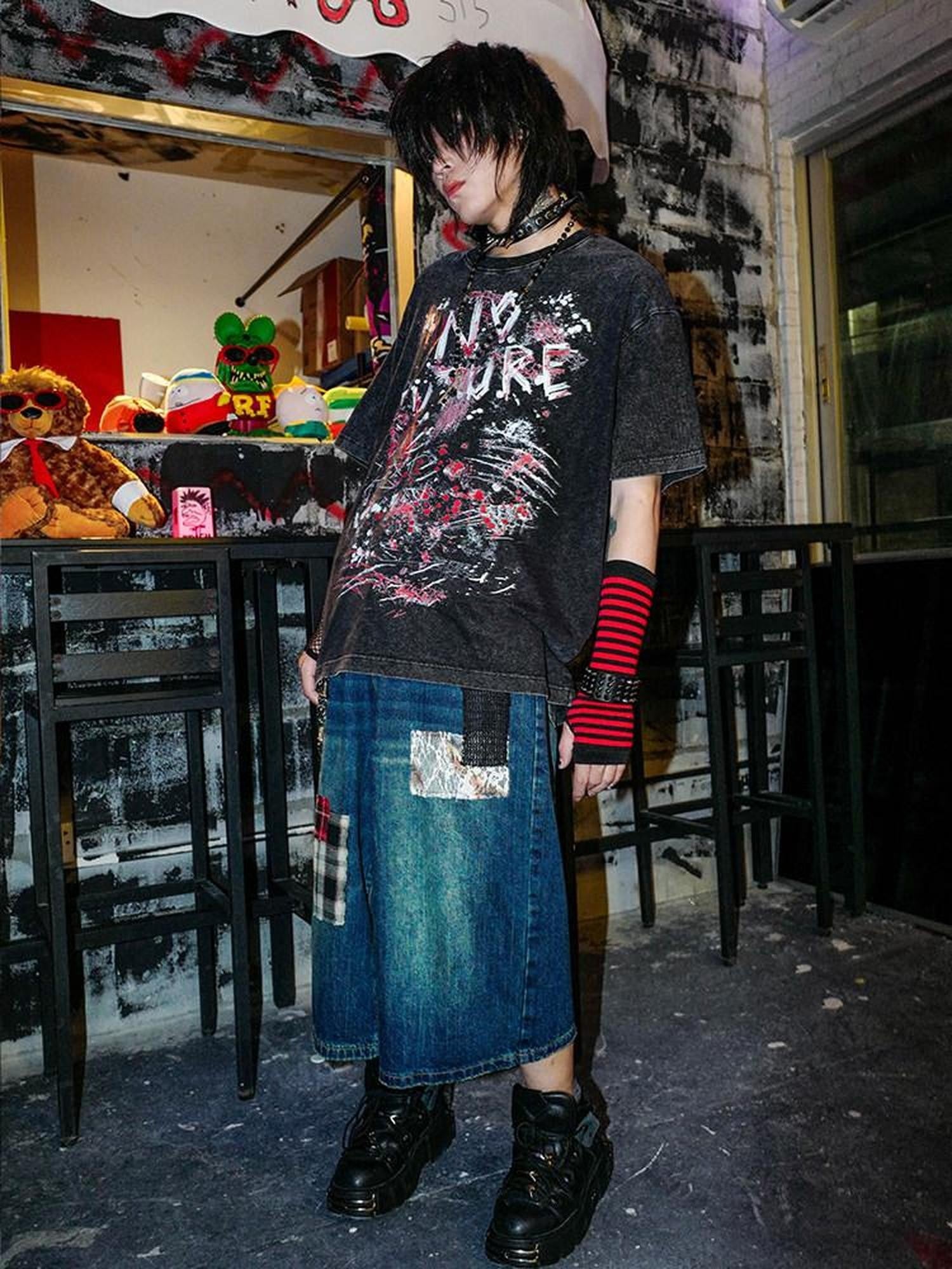RebelSeed Distressed Graffiti Heat Transfer Punk Women's Cotton Short Sleeve T-shirts