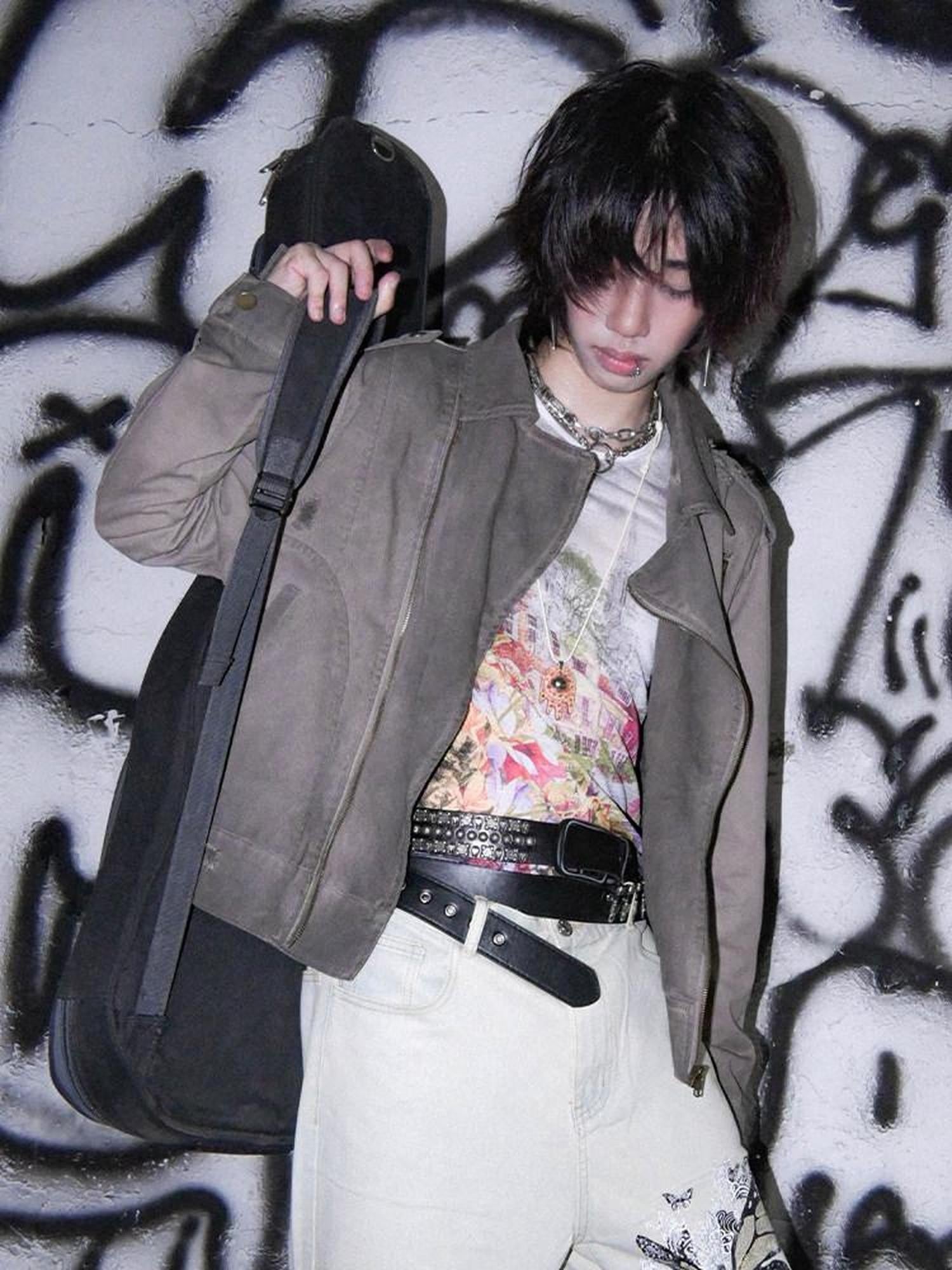 RebelSeed Distressed Gray Punk Print Hooded Women's Cotton Cropped Jackets