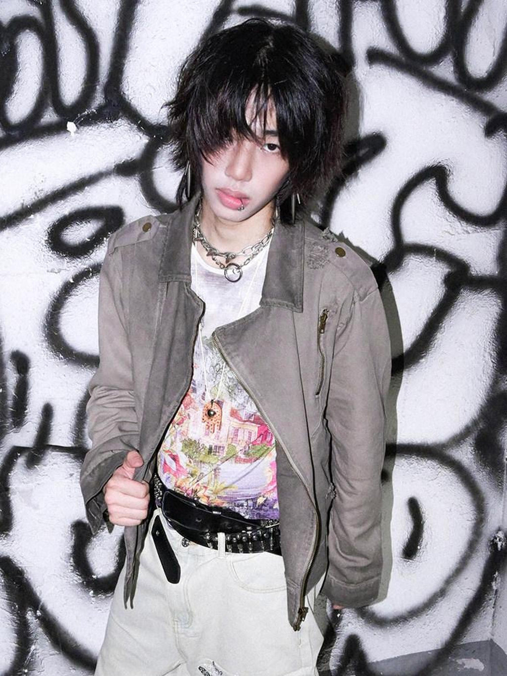 RebelSeed Distressed Gray Punk Print Hooded Women's Cotton Cropped Jackets