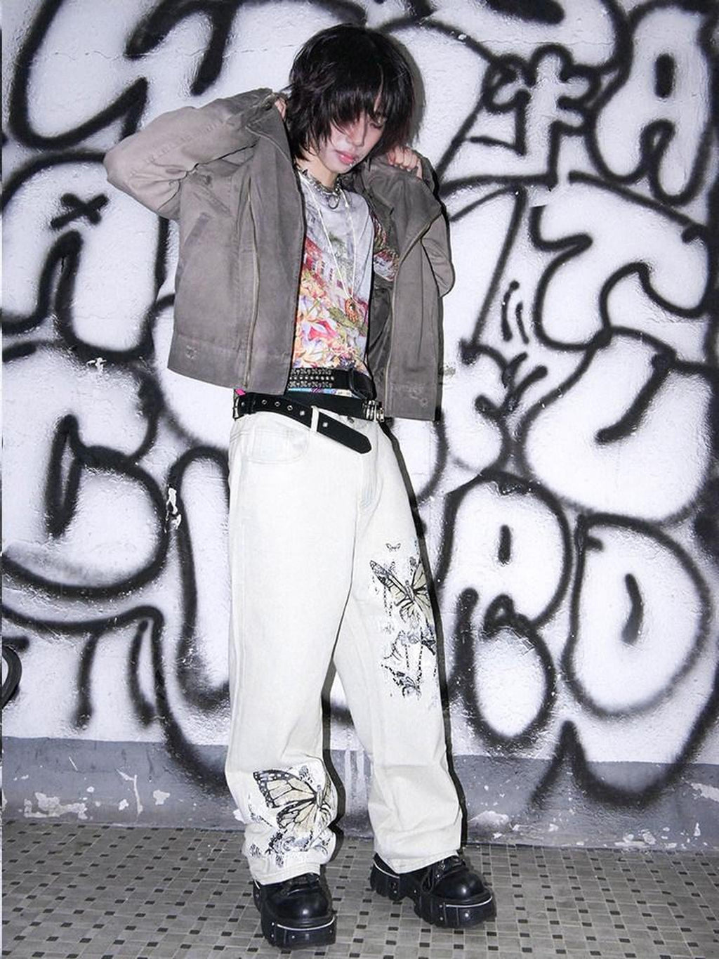 RebelSeed Distressed Gray Punk Print Hooded Women's Cotton Cropped Jackets