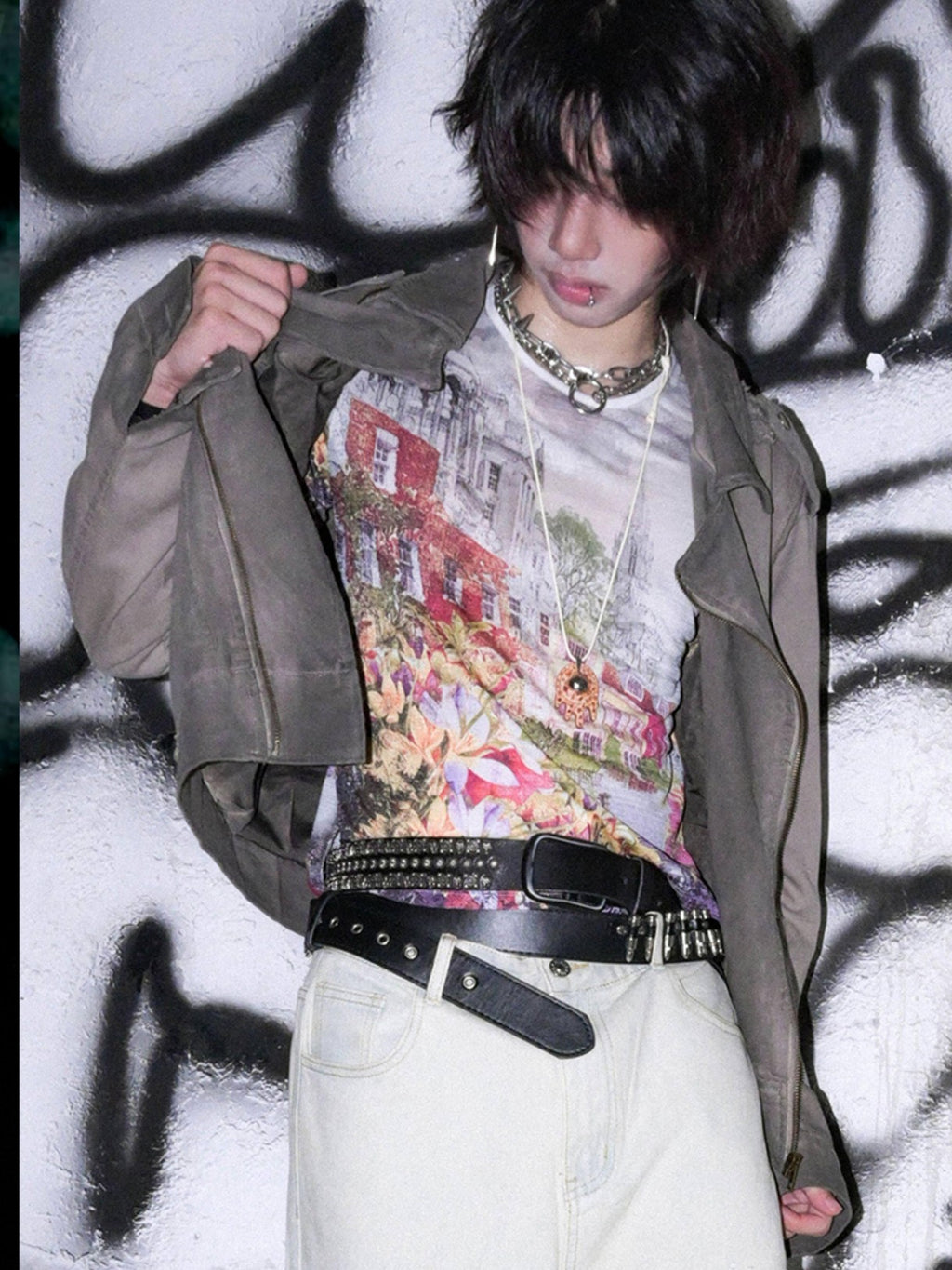 RebelSeed Distressed Gray Punk Print Hooded Women's Cotton Cropped Jackets