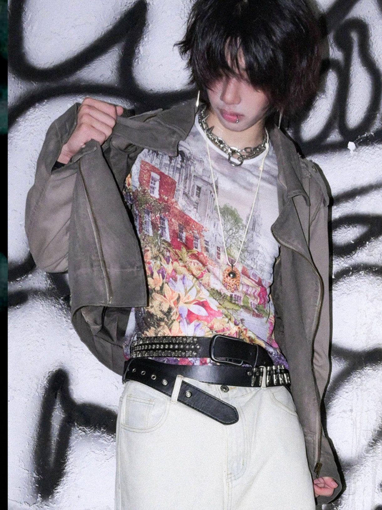 RebelSeed Distressed Gray Punk Print Hooded Women's Cotton Cropped Jackets