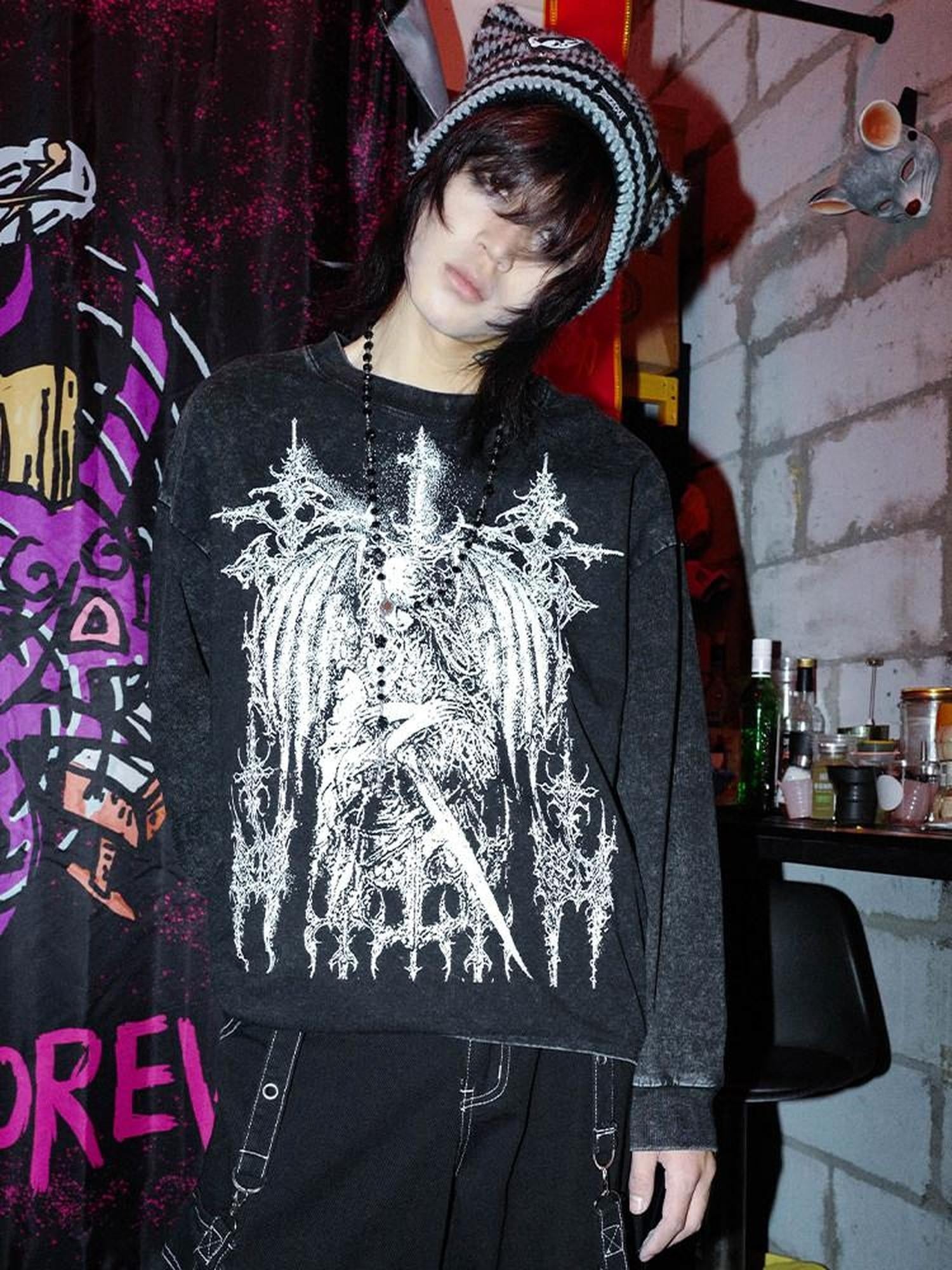 RebelSeed Distressed Heat Press Skull Print Loose Women's Cotton Long Sleeve T-shirts