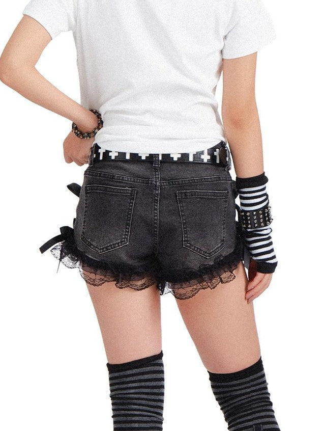RebelSeed Distressed Lace Letter Print Punk Women's Cotton High Waist Denim Shorts